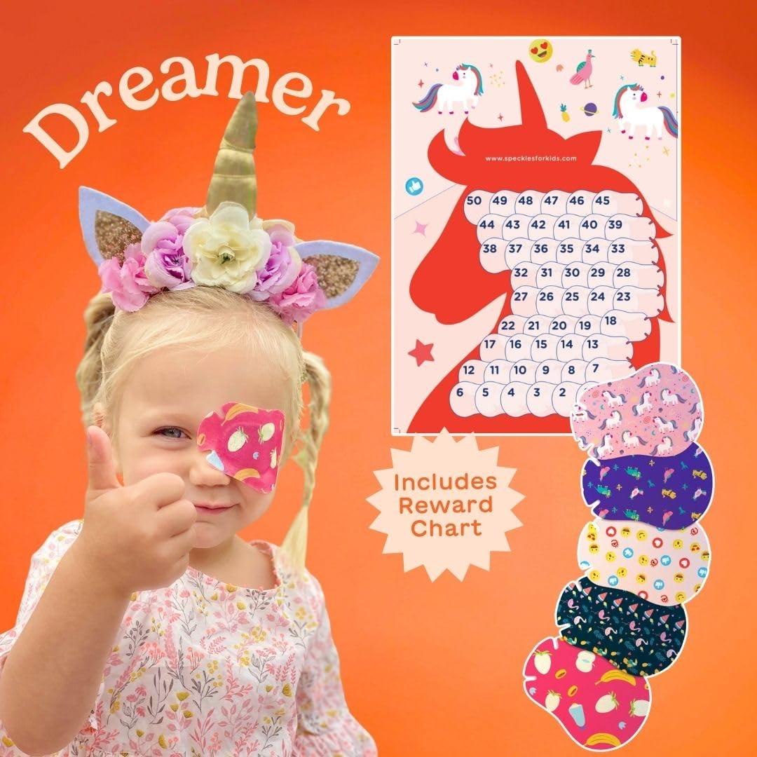 HIDE&SEE Eye Patches for Kids Skincare - Adhesive Kids Eye Patches for Lazy Eye (Dreamer) - Comfortable, Hypoallergenic Baby Eye Patch for Amblyopia Treatment - Includes Reward Chart (50 Pack)