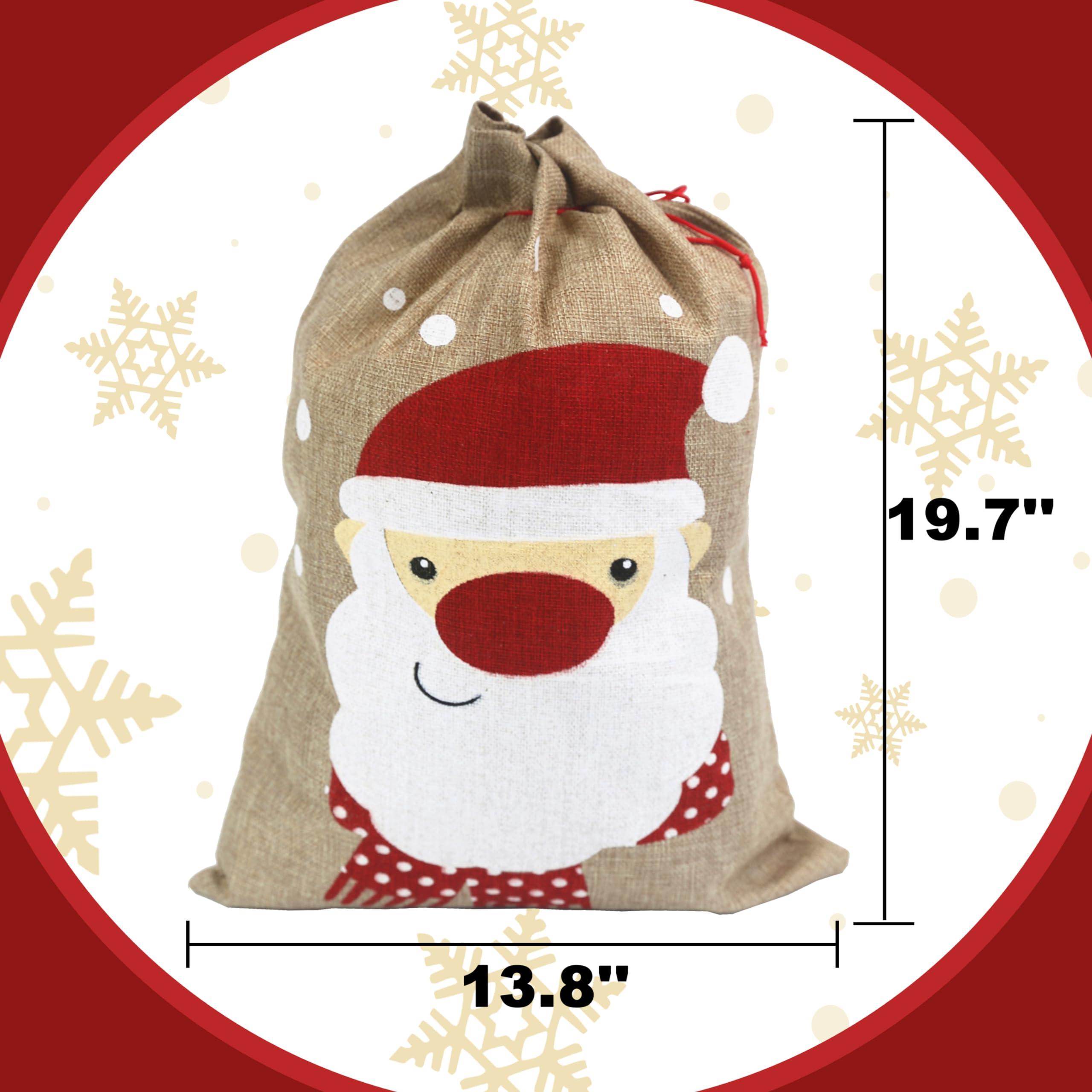 Hooin Christmas Sacks (13.8‘’ x 19.7‘’ Medium Size) – Pack of 4 Drawstring Goody Gift Bags for Christmas Treats 4 Designs Santa Snowman Reindeer Penguin
