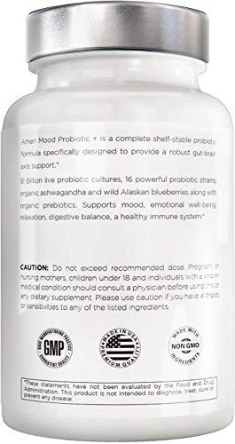 Amen Amen Mood Probiotic Supplement 51 Billion CFU - Organic Prebiotics and Probiotics - Acidophilus Probiotic Pills, Fibers - Mood Organic Ashwagandha, Blueberries - Vegan & Non-GMO - 60 Capsules