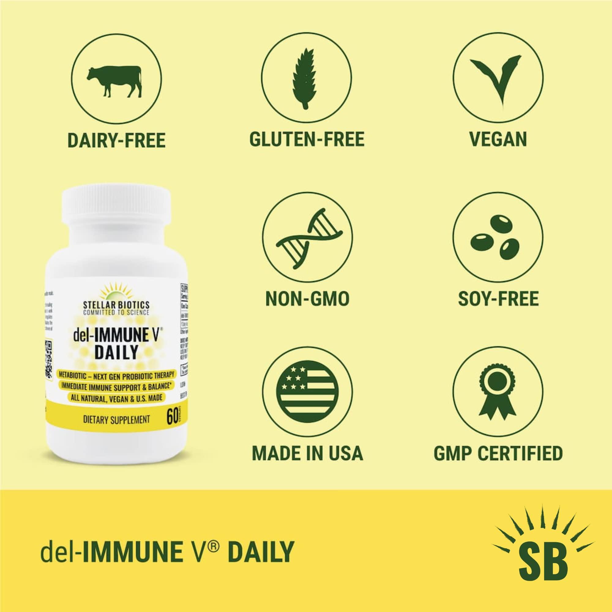 Del-Immune V Del-Immune V Daily by Stellar Biotics, All-Natural Immune Support & Gut Health, Immediate Care, Metabiotic: NextGen Probiotic Therapy (60 Caps)