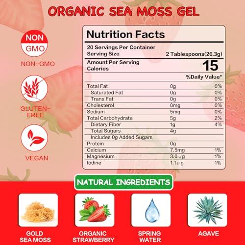 VPKIN Sea Moss Gel,Organic Raw Irish Seamoss Gel Advanced Superfood,Immune and Digestive Support,Vitamin and Minerals Supplement(Strawberry,18.5OZ)