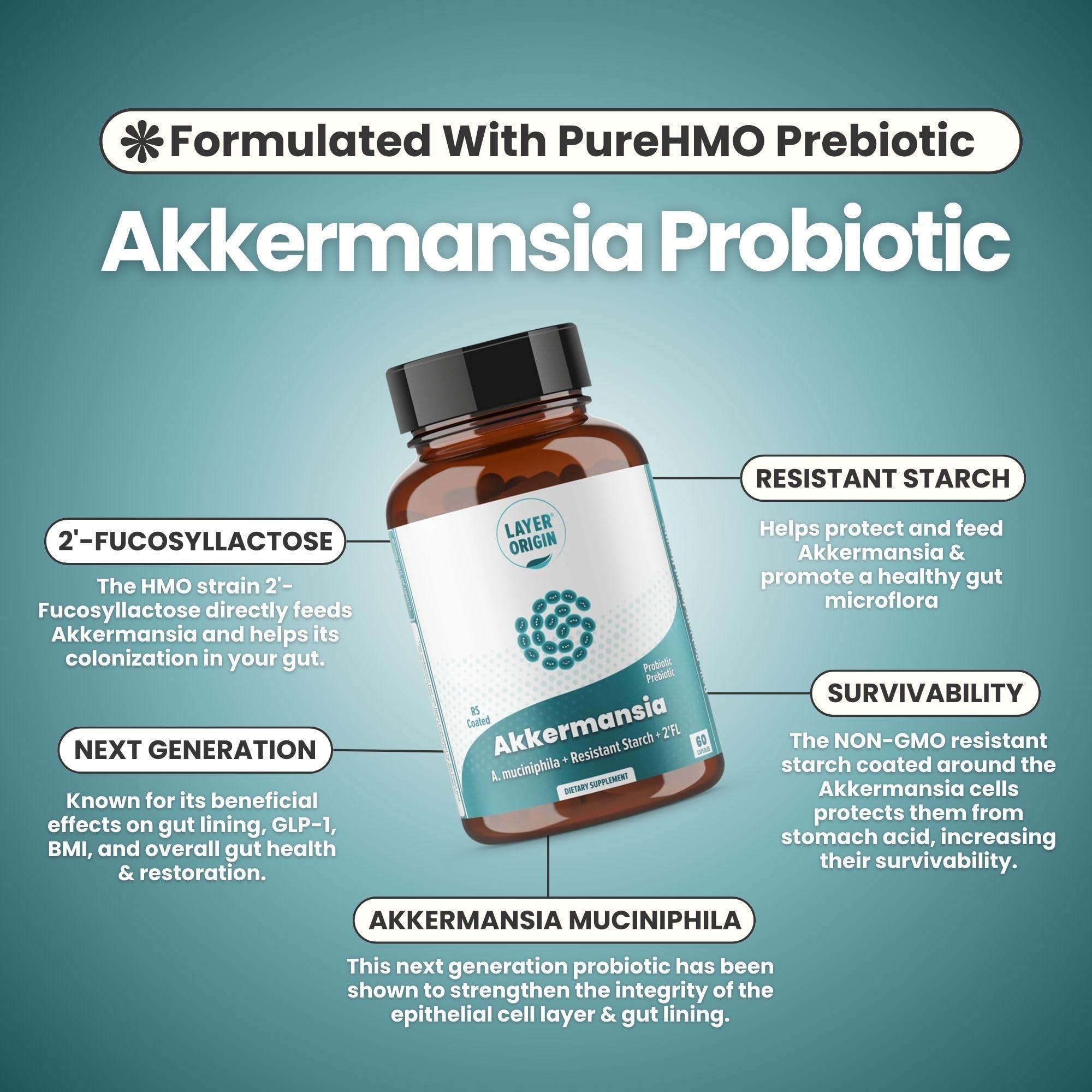 Layer Origin Layer Origin Akkermansia muciniphila Probiotic, The Only Akkermansia with PureHMO Prebiotic, Live, Validated Strain, 30-Day