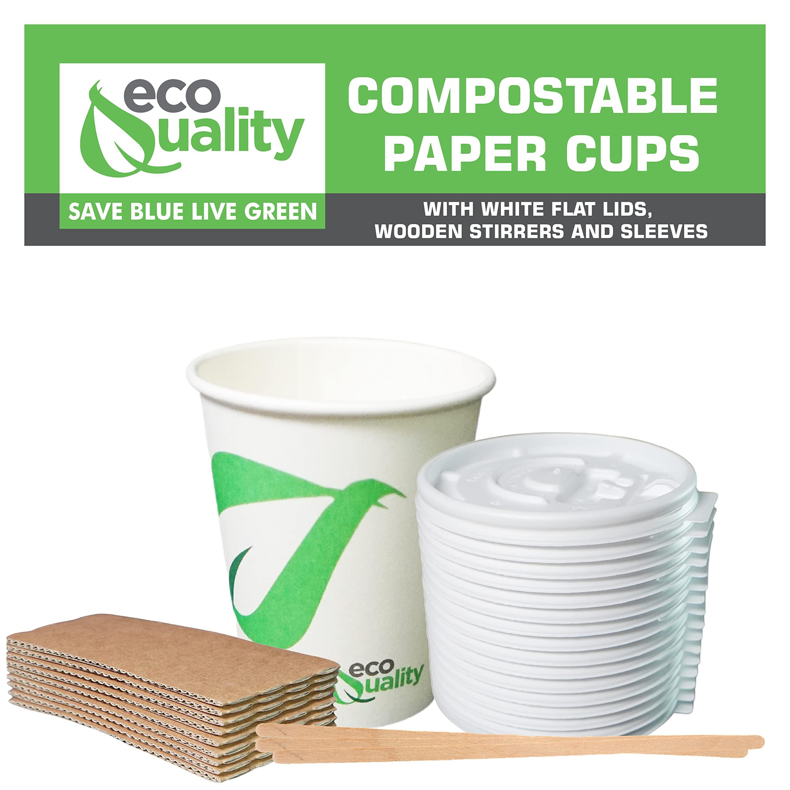 EcoQuality 12 oz Compostable Paper Cups with White Flat Lids, Sleeves and Wooden Stirrers - Biodegradable Disposable White Paper Coffee Cups PLA Lined - Eco-friendly Hot and Cold Drinking Cups (1000)