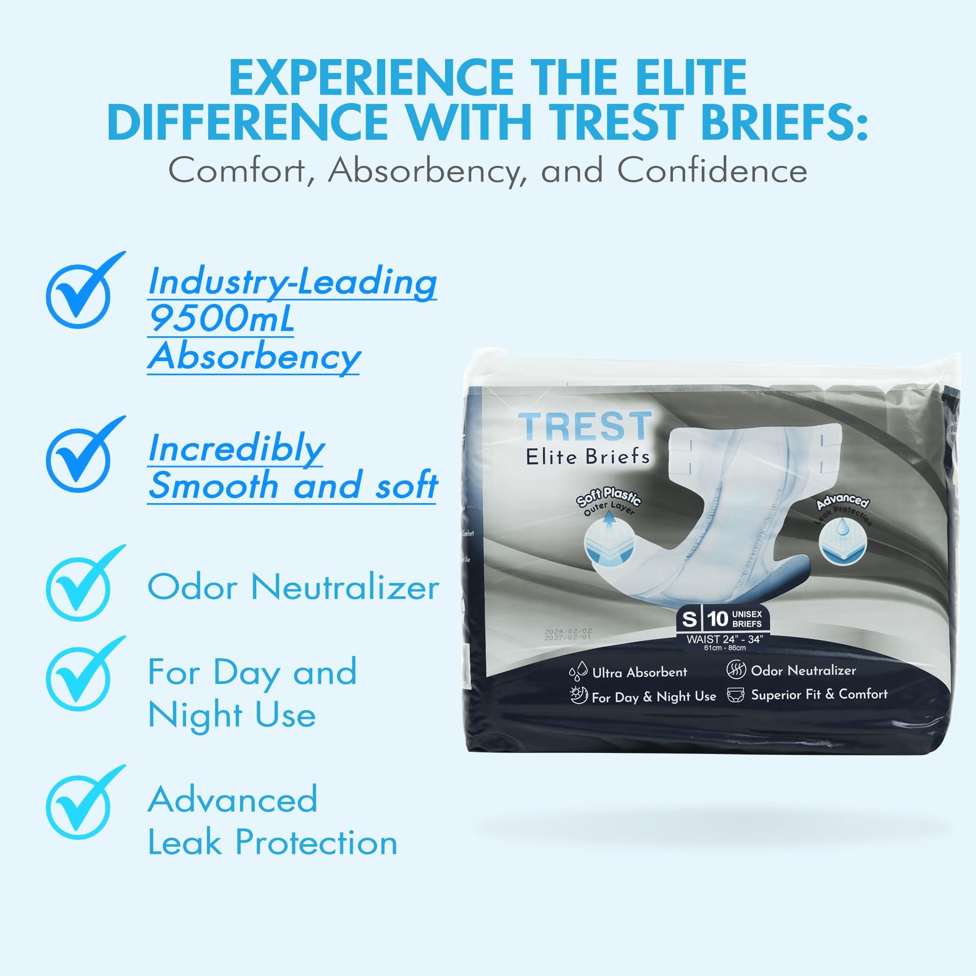 Trest Trest Elite Briefs for Men and Women, Overnight Diapers for Incontinence, Elite Absorbency, Comfortable, Odor Neutralizing and Secure Fit with 2 Wide Tabs - Black, Small (Pack of 10)