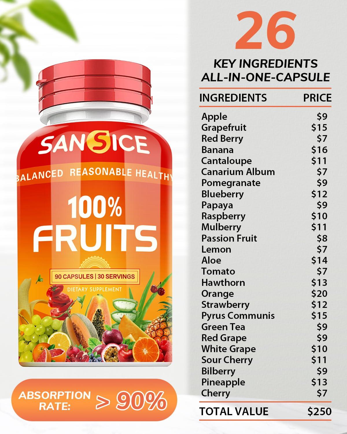 SANSICE SANSICE Fruits and Veggies Supplement, 100% Natural Fruit and Vegetable Vitamins Soy Free & Non-GMO Vegetable and Fruit Supplements for Women Men and Kids - 90 Fruit Capsules, 90 Veggie Capsules