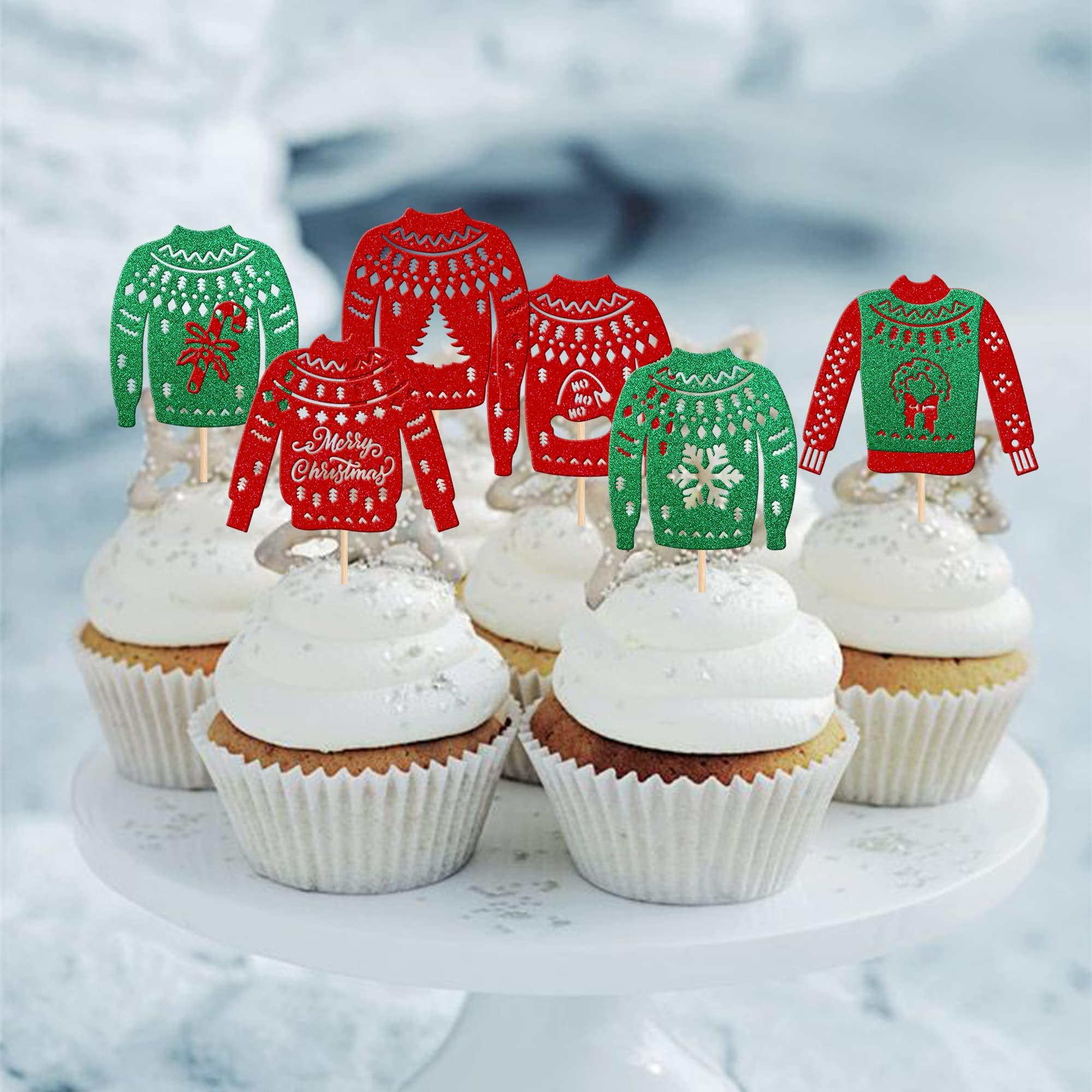 ZHUOWEISM 36 PCS Christmas Ugly Sweater Cupcake Toppers Green Red Glitter Santa Claus Gifts Christmas Tree Deer Snowflake Cupcake Picks for Merry Christmas Theme Holiday Party Cake Decorations Supplies