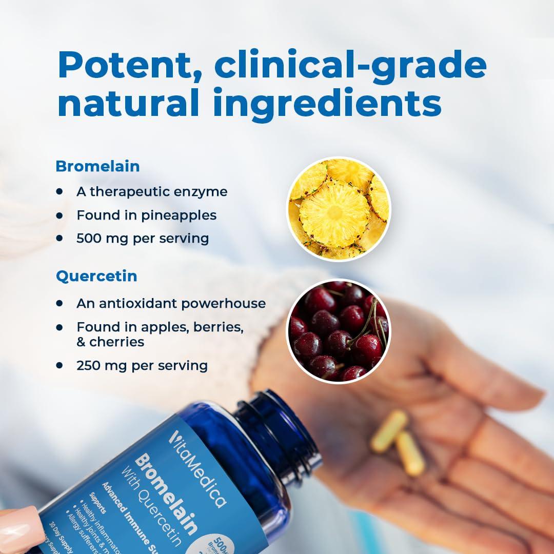 VitaMedica VitaMedica Bromelain & Quercetin Supplement - 500mg Bromelain 250mg Quercetin - 2400 GDU for Immunity, Joint Support, Inflammation and Muscle Recovery - 60 Vegan Capsules - 30 Servings