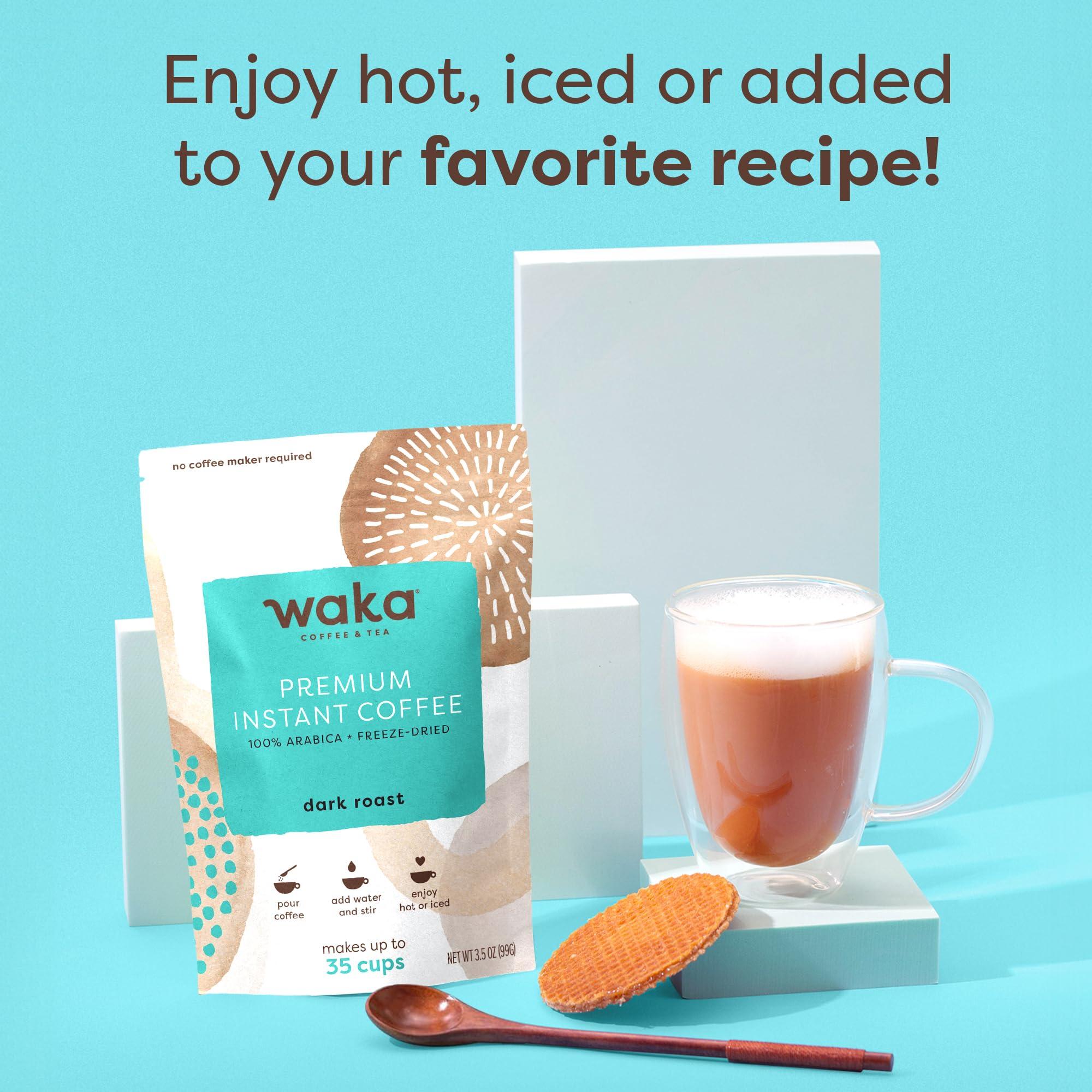 Waka Coffee Waka Instant Coffee, Dark Roast - 100% Arabica Beans, Freeze Dried Granules, No Additives - Single Serve Packets for Quick Hot and Iced Coffees (8 Individual Coffee Packets)