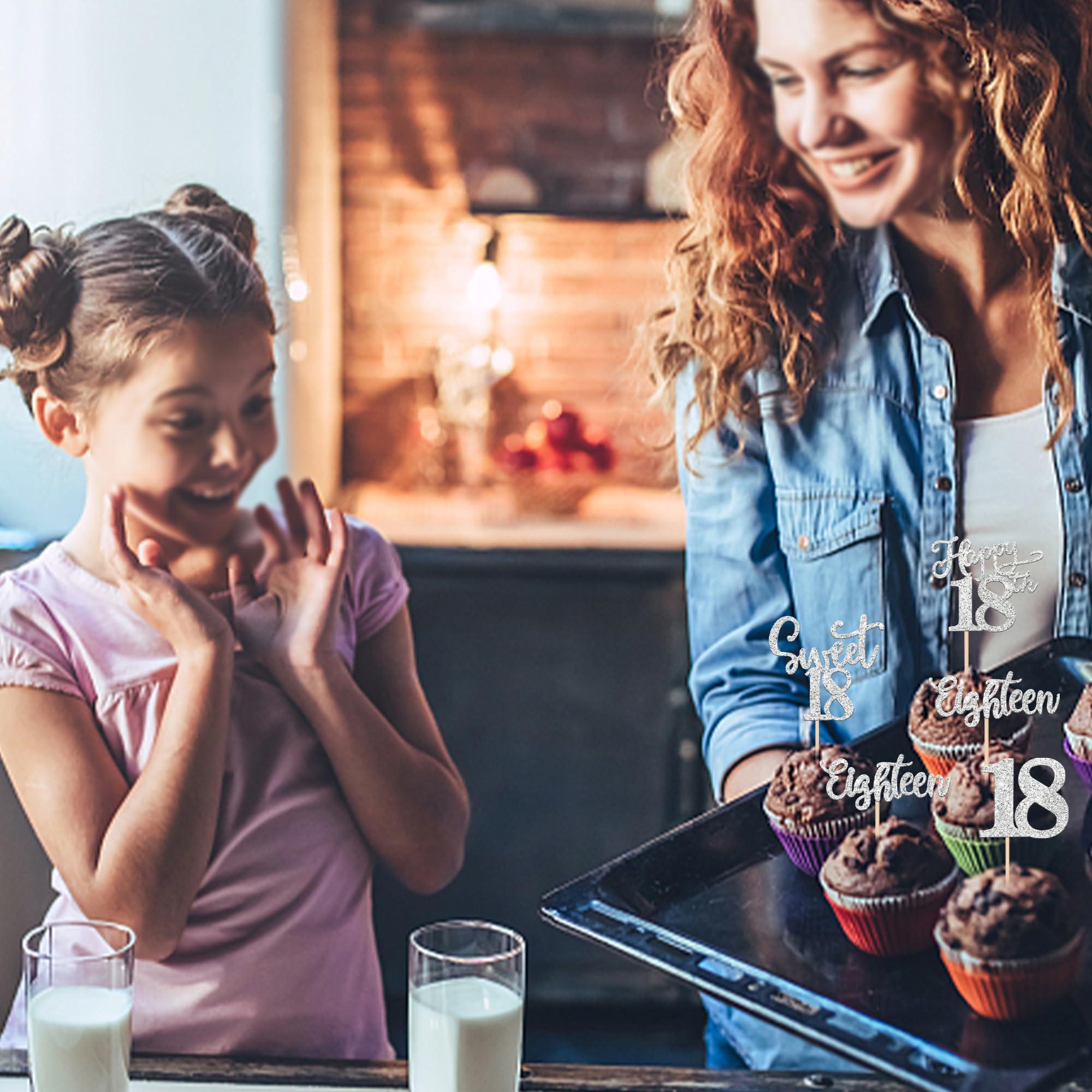 Rsstarxi Rsstarxi 24 Pack Happy 18th Birthday Cupcake Toppers Glitter Sweet 18 Cupcake Toppers Eighteen 18 Fabulous Cake Decorations for 18th Birthday Anniversary Party Cake Decorations Silver