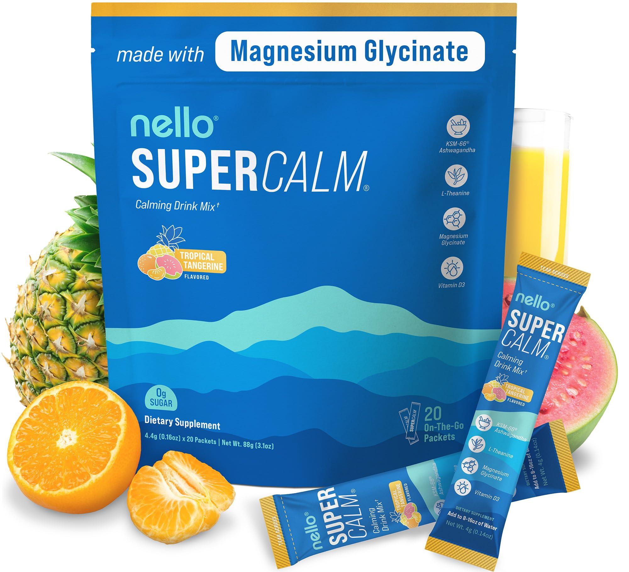 Nello Nello Supercalm Powdered Drink Mix, Tropical Tangerine, L Theanine, Ksm-66 Ashwagandha, Magnesium Glycinate, Vitamin D 3, Supplements for Relaxation & Focus, Natural, No Sugar, Non GMO, 20 Srvg