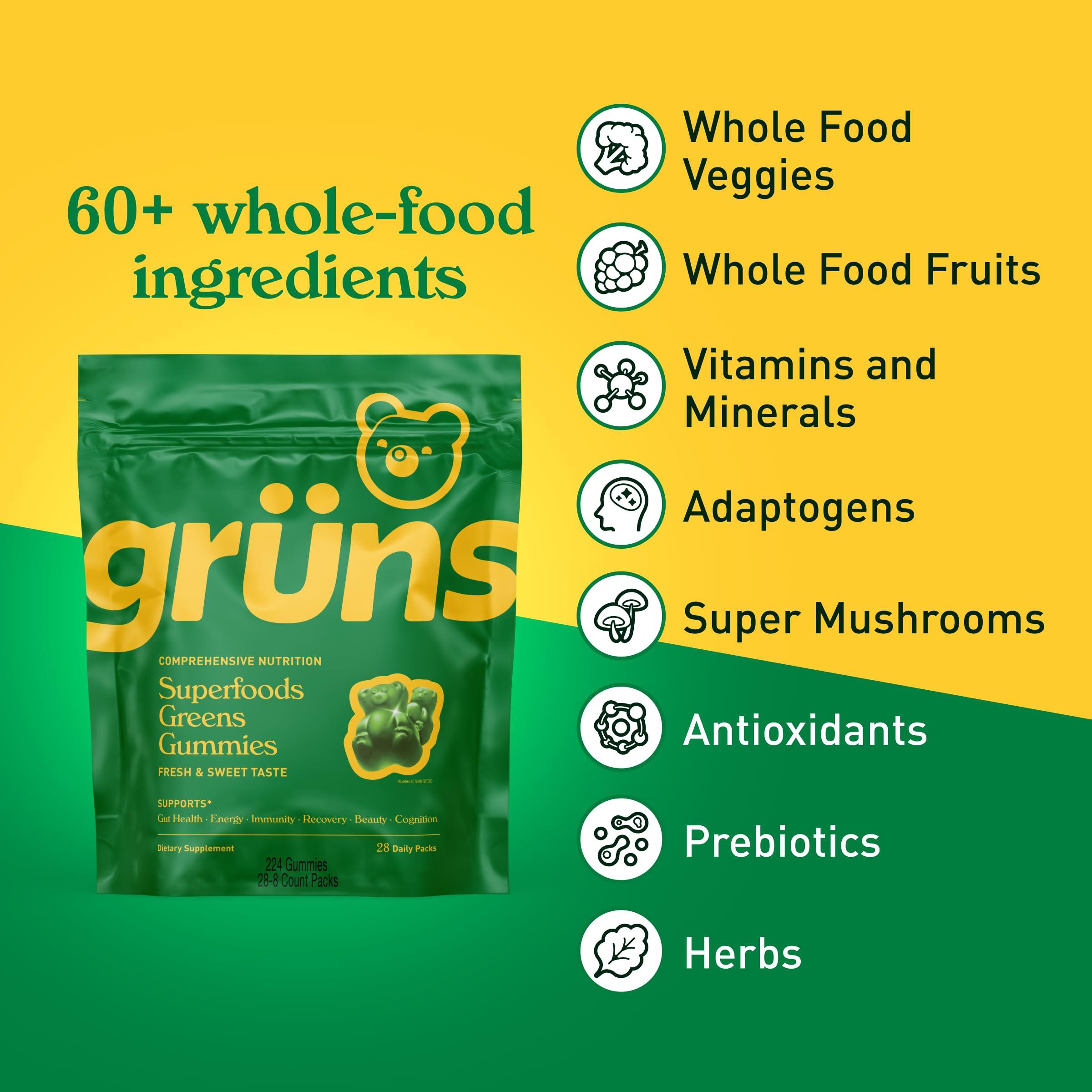 Grns Gruns Adults Super Greens Gummies, Superfood Gummy Bears with Spirulina, Chlorella & Prebiotics for Digestive Health - Adaptogens Supplement with 20 Vitamins & Minerals, Low Sugar- 1 Month Supply