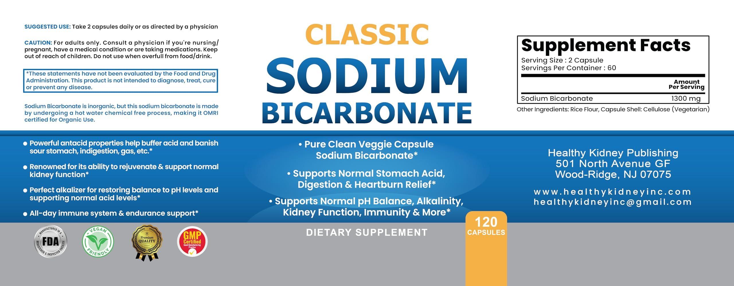 Kidney Restore Classic Sodium Bicarbonate 650mg Natural Organic Use Sodium Bicarbonate Powder Pills Sodium Bicarbonate Tablets (caps) Stomach Acid Alkalinity 120caps