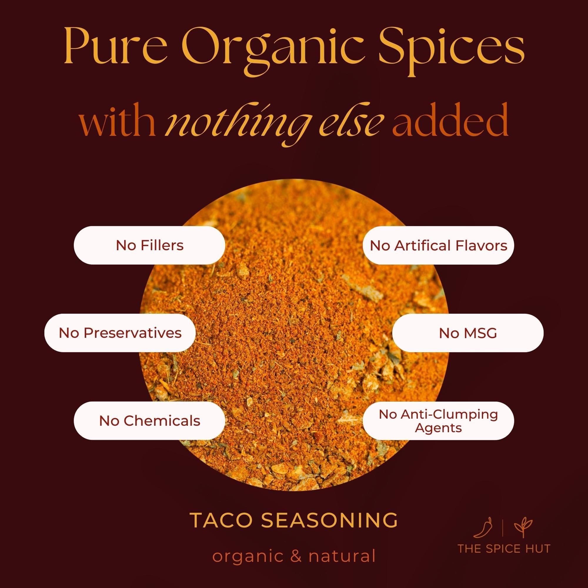 The Spice Hut Organic Taco Seasoning Mix by Spice Hut, Salt-Free, Authentic Southwestern Seasoning for Cooking Flavorful Carne Asada, Beef, Carnitas, Tacos, Burrito / Especias Orgnicas Para Tacos / All-Natural, Kosher, Vegan, Gluten Free, Keto -No MSG- 1lb Bulk Pa