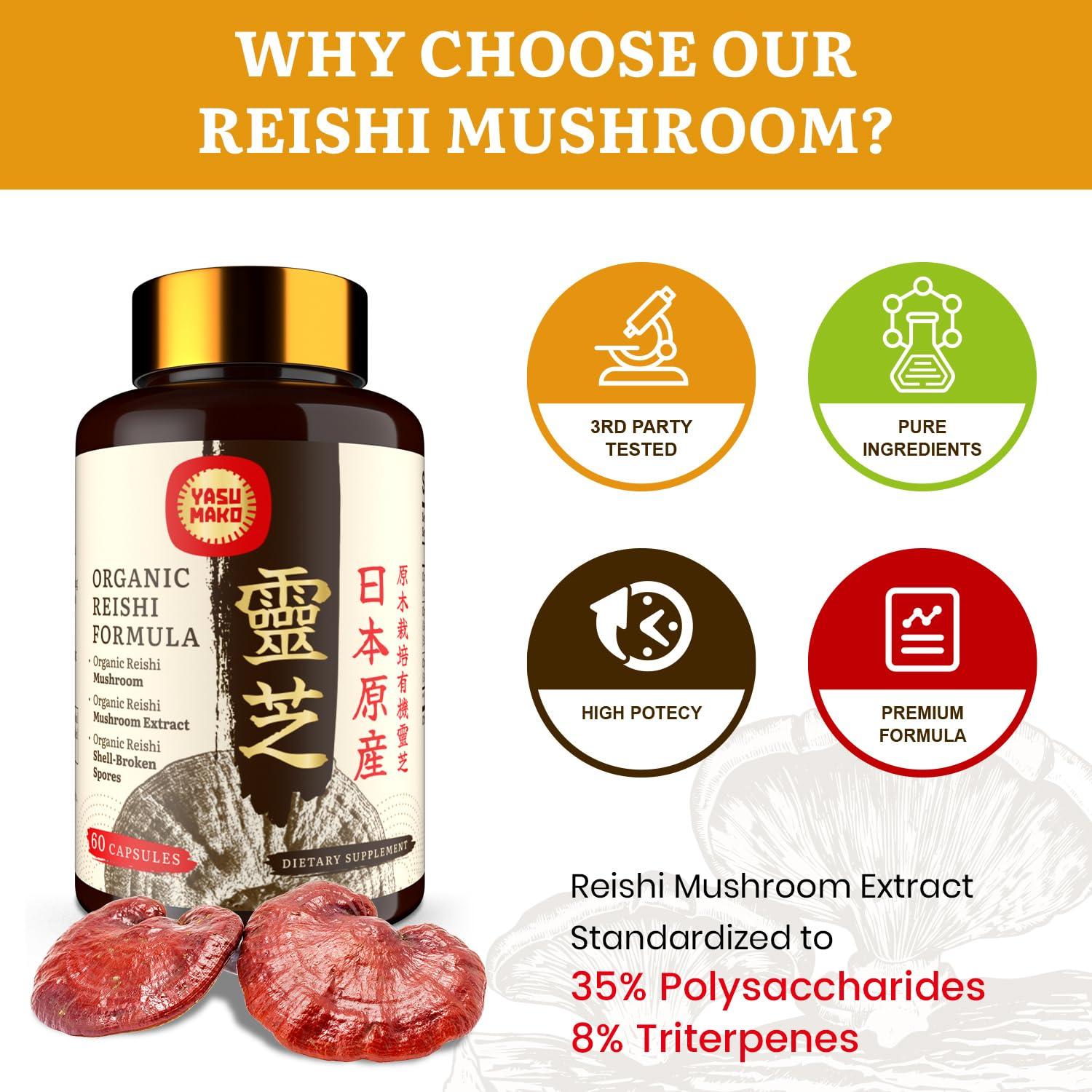 Yasumako Yasumako Japanese Reishi Mushroom Supplement 800mg with Reishi Mushroom Extract 500mg & Reishi Shell-Broken Spores 200mg,Organic Mushroom Capsules for Immune System - Real Fruiting Body (Pack of 2)
