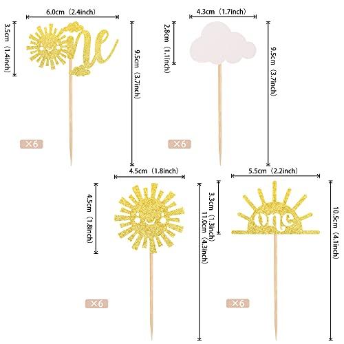 ZHUOWEISM 24 PCS Sunshine One Cupcake Toppers Gold Glitter Sun Simle Face Cloud You are My Sunshine First Birthday Cupcake Picks Baby Shower 1st Birthday Party Cake Decorations Supplies