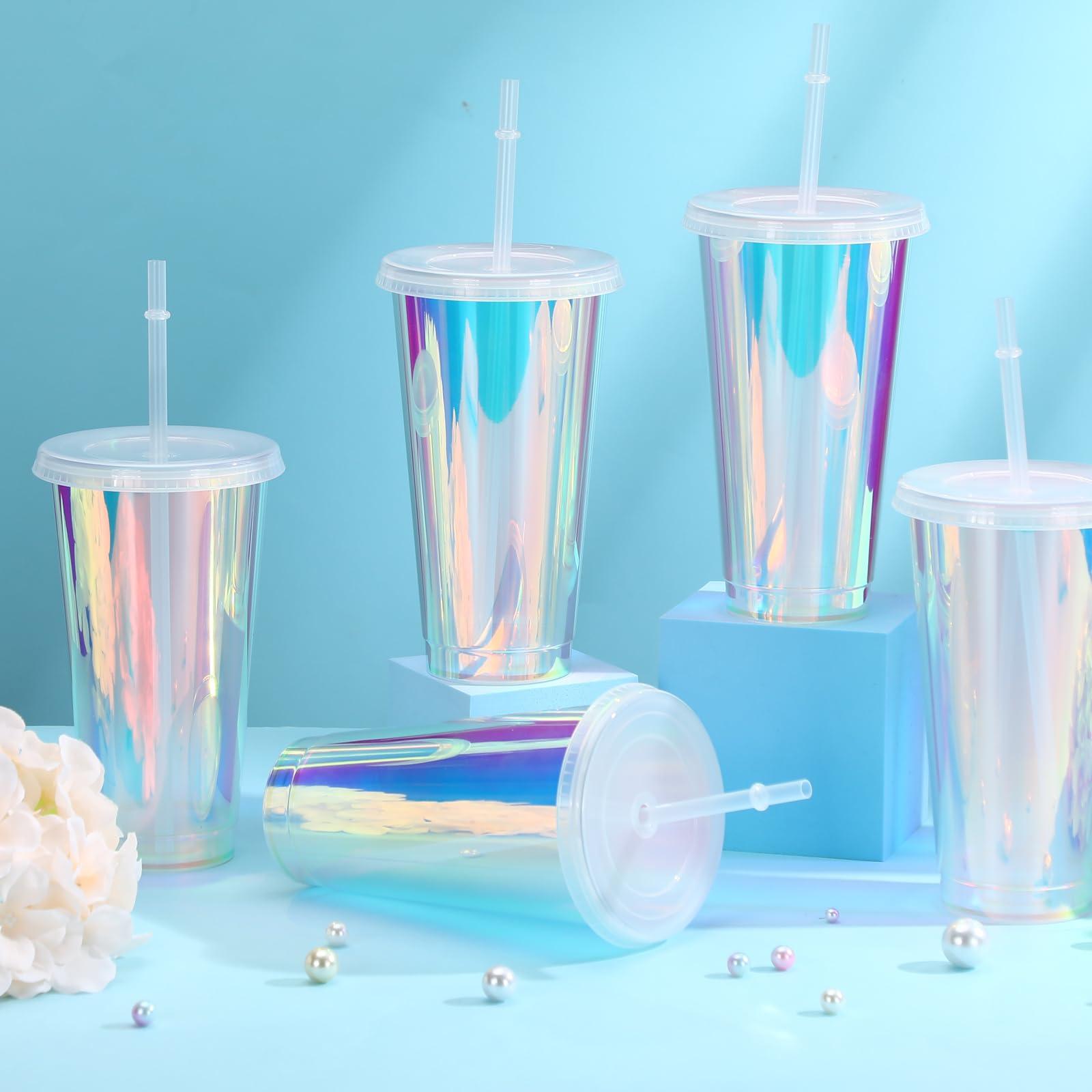 Domensi Domensi Iridescent Plastic Cups with Lids and Straws 24 oz Iridescent Reusable Plastic Tumblers Iced Coffee Cups for Shiny Disco Birthday Wedding Bachelorette Party Supplies(12 Pack)