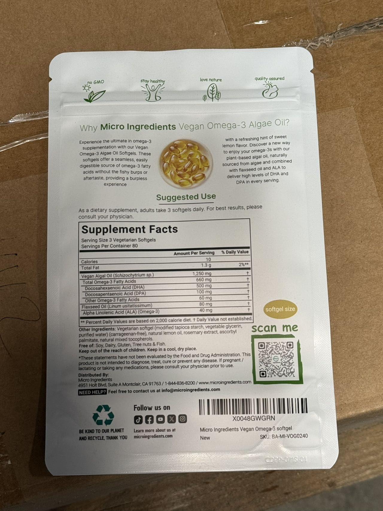 Micro Ingredients Vegan Omega 3 Algae Oil, 240 Veggie Softgels | Fish Oil Alternative | DHA 500mg & DPA 100mg | Carrageenan Free | Plant-Based Omega 3 with Flaxseed & ALA | Lemon Flavored