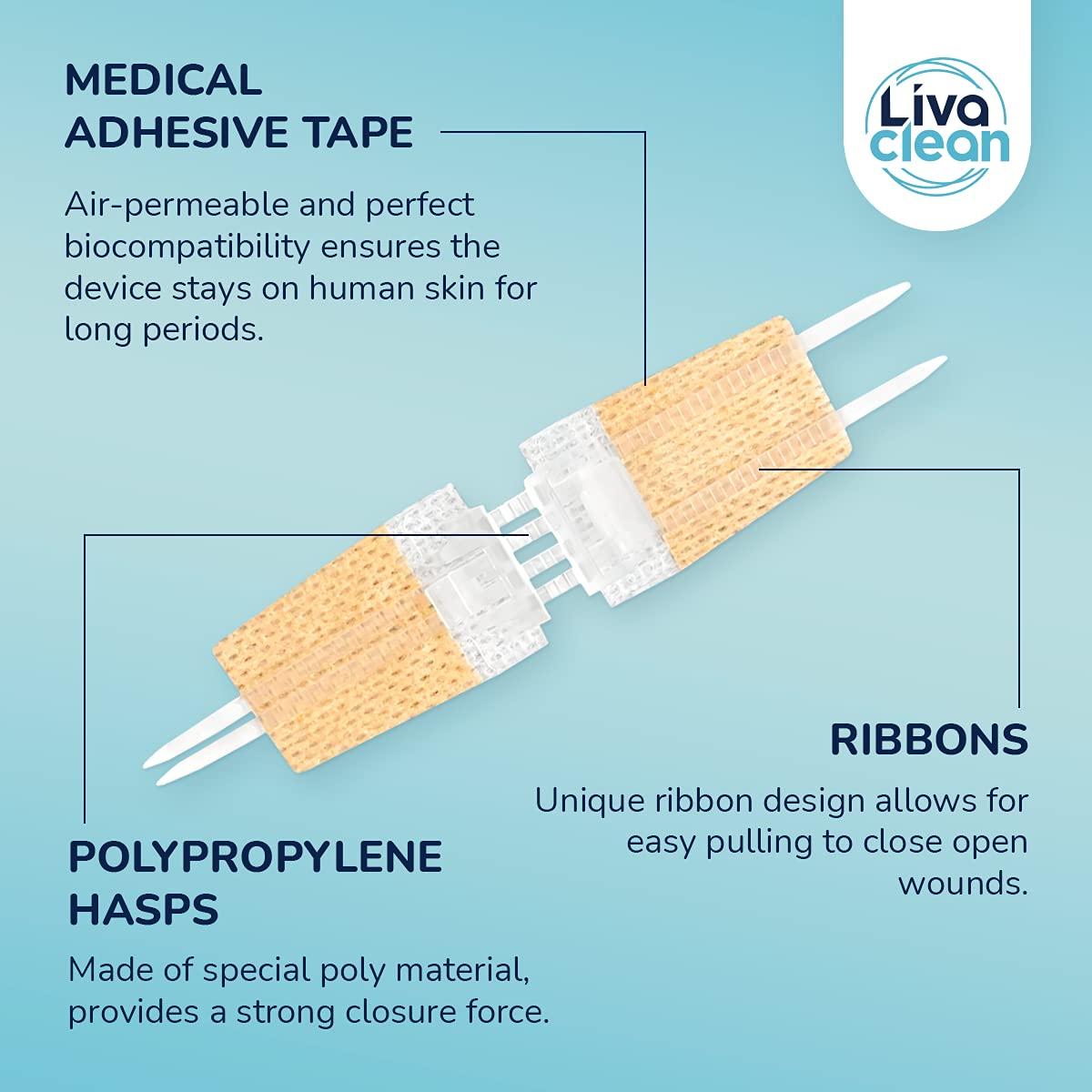 LivaClean (6 CT) 1 X 3.7 Wound Closure Strips - Zip Stitch Wound Closure Kit - Butterfly Kit Device Zip Tie Skin Closuing Butterfly Bandaids Adhesive Injury-Closing Glue Steri Strips Bandages Sutures