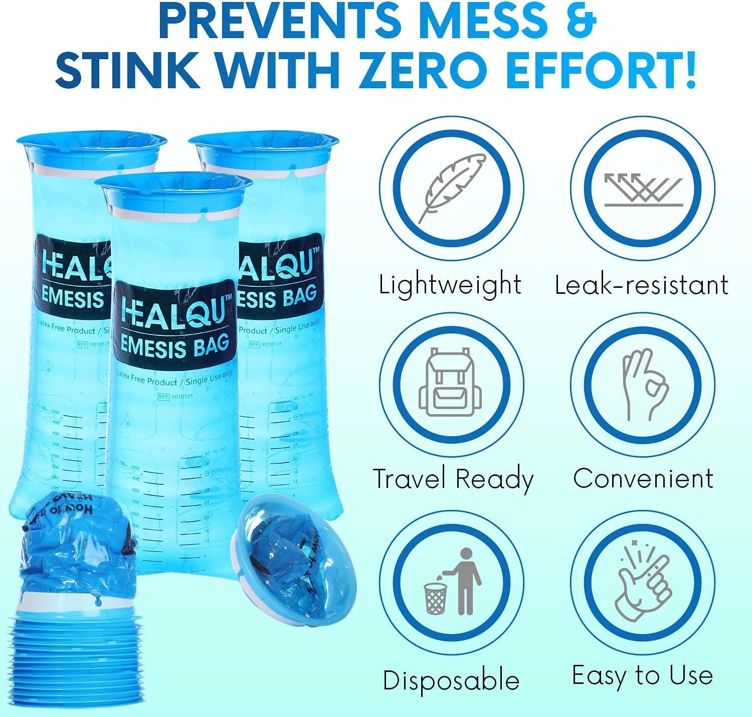 Healqu Healqu Hospital Vomit Bags - 60 Pack 1000ml Car Throw Up Bag - for Airsick Travel & Motion Sickness - Leak Resistant Medical Grade Puke Bag - Disposable Barf Bags Throw Up, Nausea