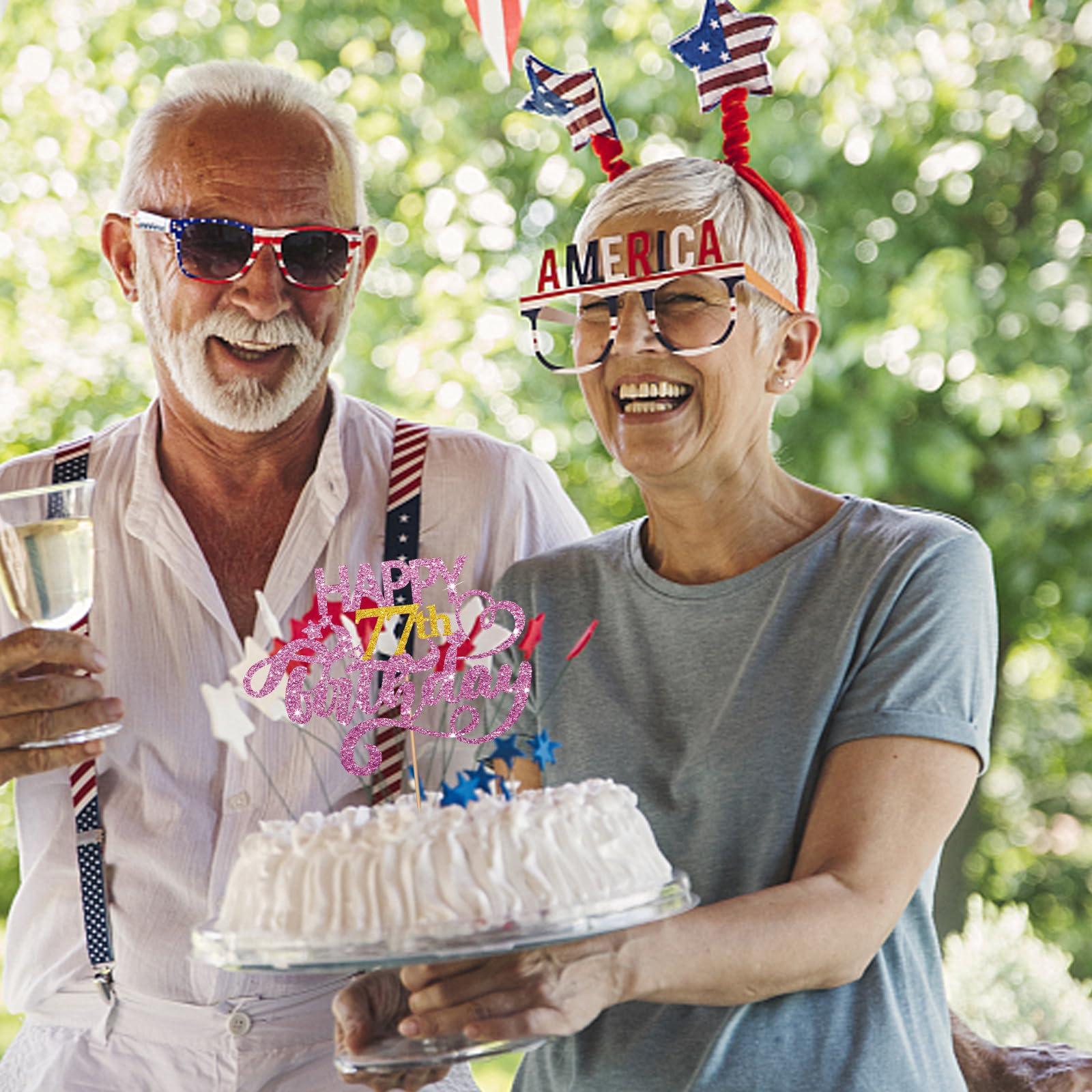 MINUET MINUTE Pink Glitter Happy 77th Birthday Cake Topper, Seventy Seven Years Old Birthday Party Cake Decor, Gold Number 77 Birthday Party Supplies Decorations for Man or Woman