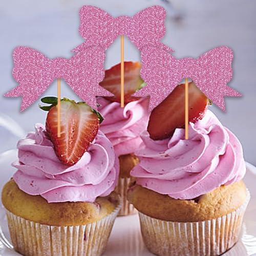 Blopee Blopee Cupcake Toppers, Pink Cupcake Toppers for Birthday Party, Princess Cupcake Toppers for Girls Birthday, 12 pcs Bowknot Cupcake Decorations for Bridal Baby Shower Birthday Wedding Themed Party
