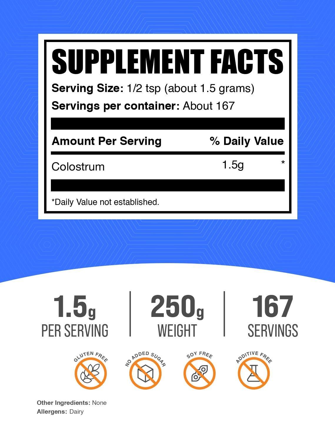 BulkSupplements BulkSupplements.com Colostrum Powder - Colostrum Supplement, Bovine Colostrum Powder - for Gut & Immune Support, Gluten Free - 1500mg per Serving, 250g (8.8 oz) (Pack of 1)