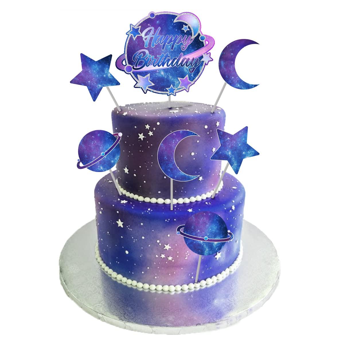 Kreatwow Galaxy Birthday Cake Decorations Solar System Happy Birthday Cake Topper Planets Star Planet Moon Outer Space Cupcake Toppers for Starry Sky Universe Space Themed Birthday Party Supplies - 25pcs