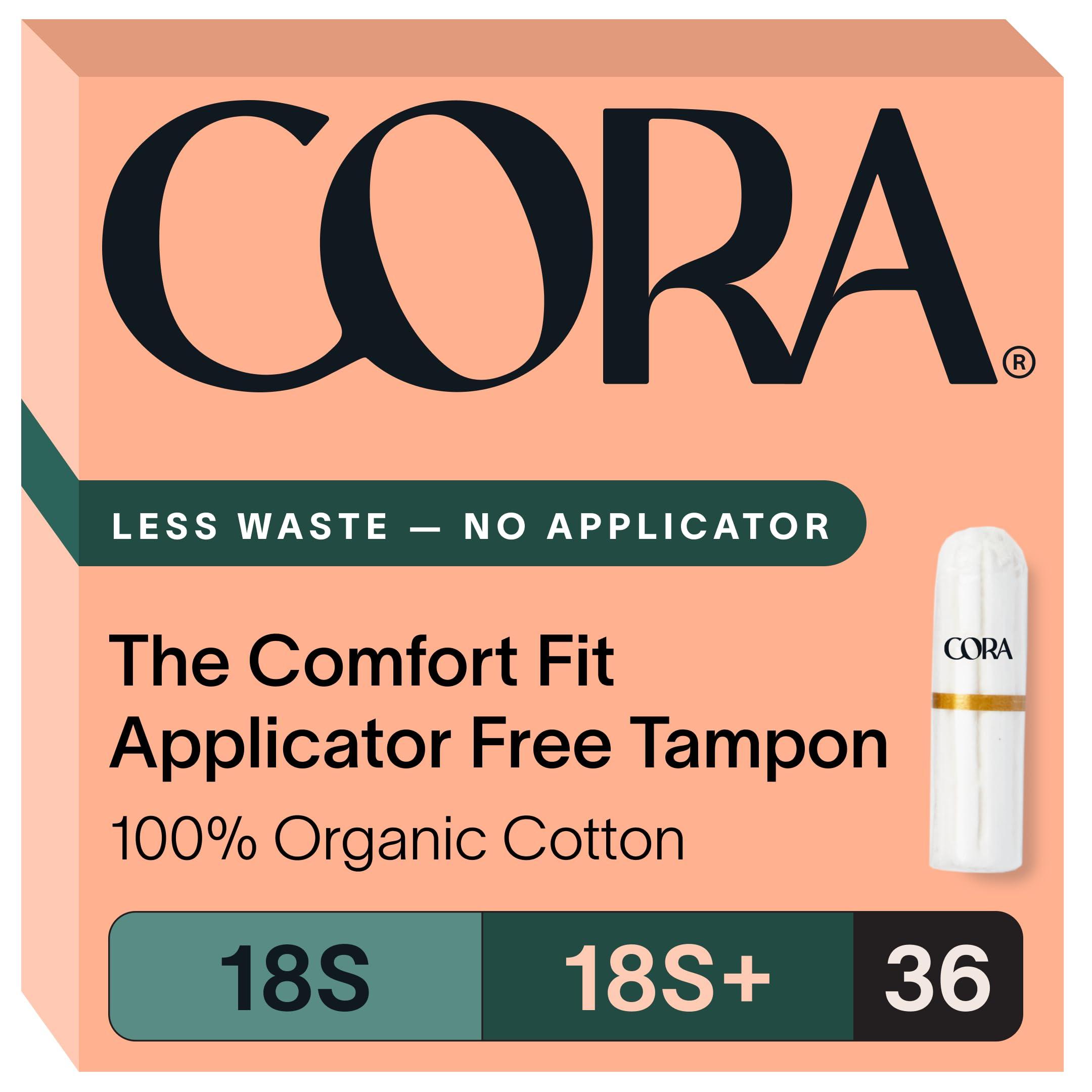 Cora Cora 100% Organic Cotton Non-Applicator Tampons | Ultra-Absorbent, Unscented, Natural, Non-Toxic, Applicator Free | Eco-Conscious S/S+ (36 S/S+ Tampons)