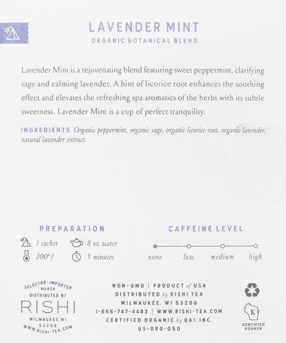 Rishi Tea Rishi Tea Lavender Mint - Herbal Tea Bags, Caffeine Free, Lavender Mint Tea, USDA Certified Organic, Certified Kosher, Lavender Tea Bags, Organic Herbal Tea, w/Peppermint & Sage - 15 Sachets