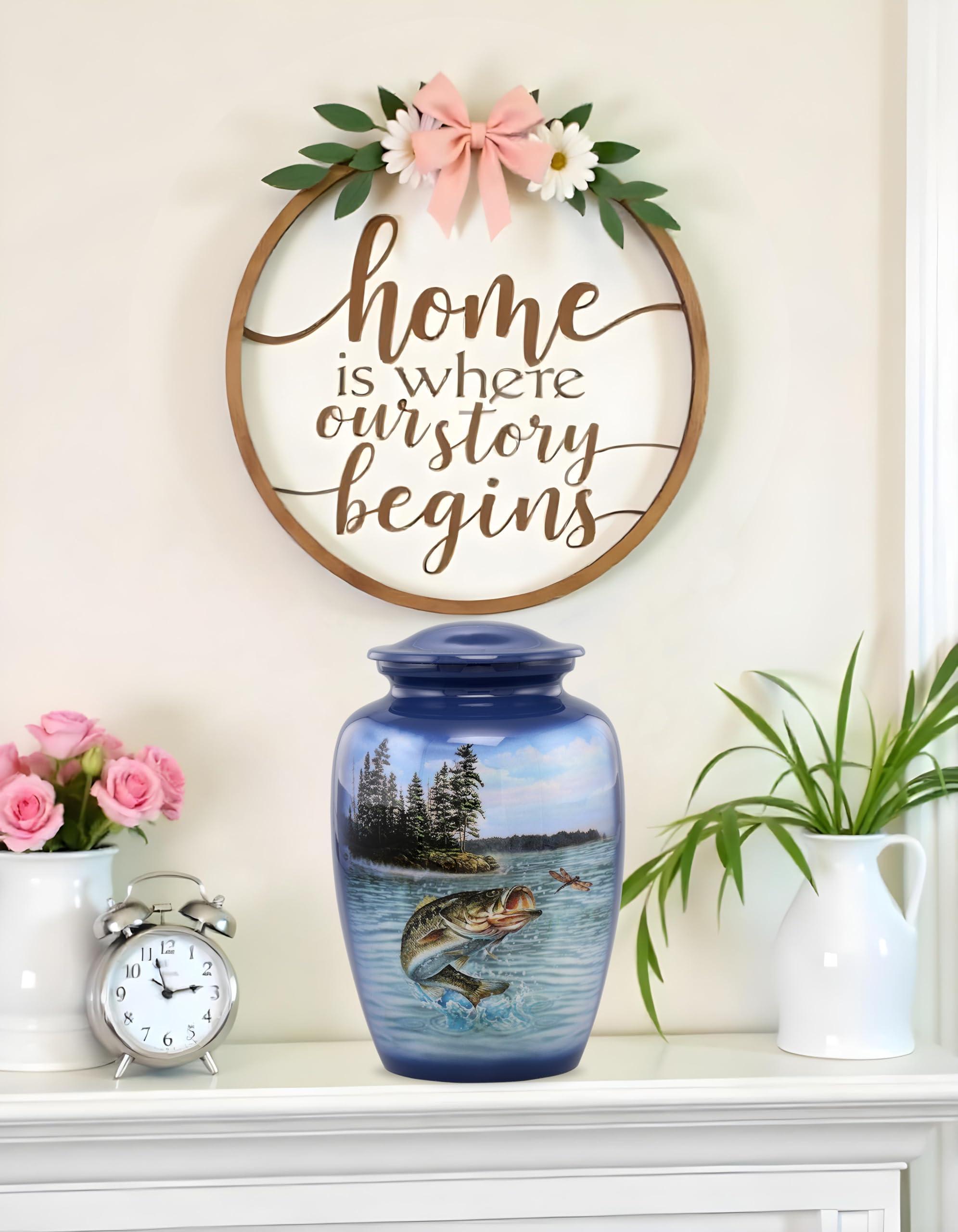 Immortal Memories Bass Fishing Large Urn - Cremation Urn for Human Ashes Male & Female - Heart Fishing Urn - Handcrafted Funeral Memorial Urn for Adults Urn Velvet Case & Bag (Large)
