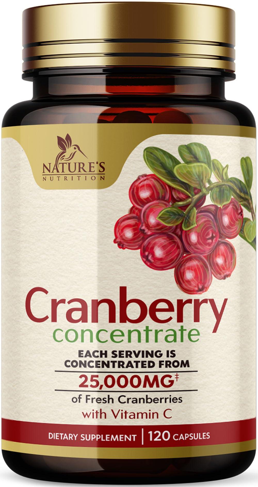 Nature's Nutrition Cranberry Concentrate Extract Supplement for Women & Men + Vitamin C & E - 25,200mg Formula for Urinary Tract Health Support, Non-GMO and Gluten Free, Cranberry Pills Supplement - 120 Softgels
