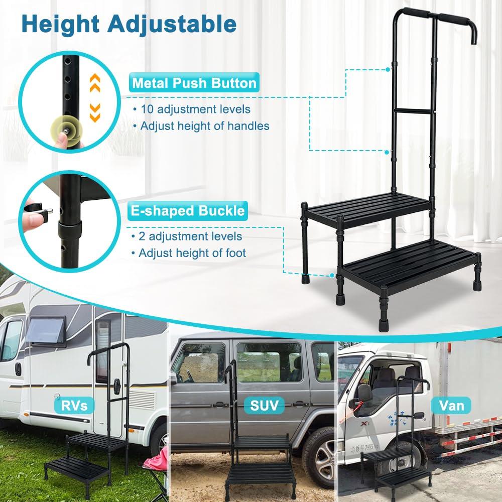 NEAUDE Medical Step Stool with Handle SUV Car Elderly Handicap Steps for RV Adjustable 2 Step Platform Camper Steps