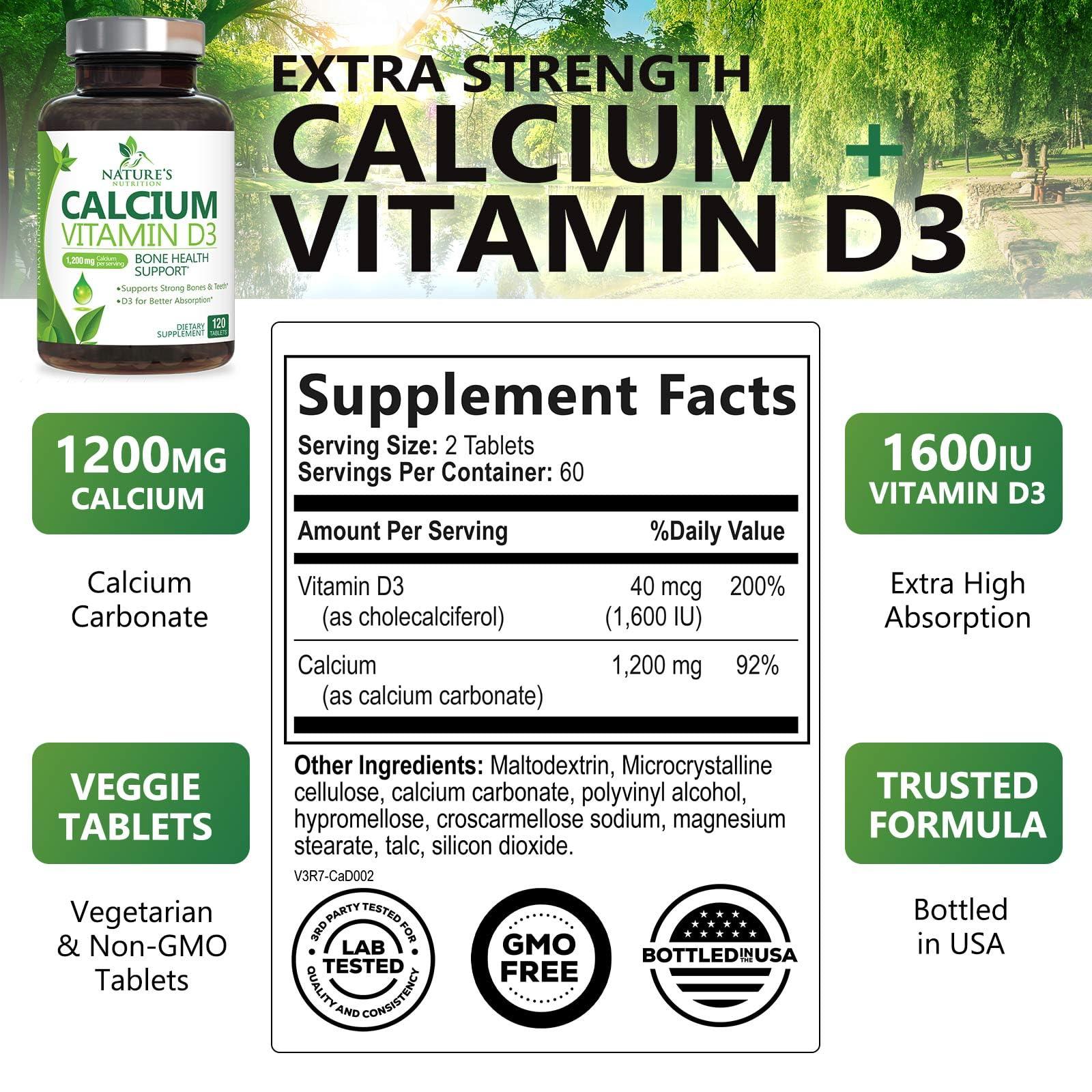 Nature's Nutrition Calcium 1200 mg with Vitamin D3, Calcium Supplement Vitamins, Supports Bone Strength, Teeth & Immune System, Calcium Supplements for Women & Men, Nature\'s Absorbable Calcium Carbonate - 120 Tablets