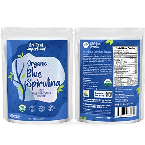 Ellie\'s Best Organic Blue Spirulina Powder - 8oz - Odorless - from Blue Green Algae - Vegan, Non GMO, Gluten-Free, Dairy-Free - USDA Certified Natural Blue Coloring for Smoothies & Protein Drinks