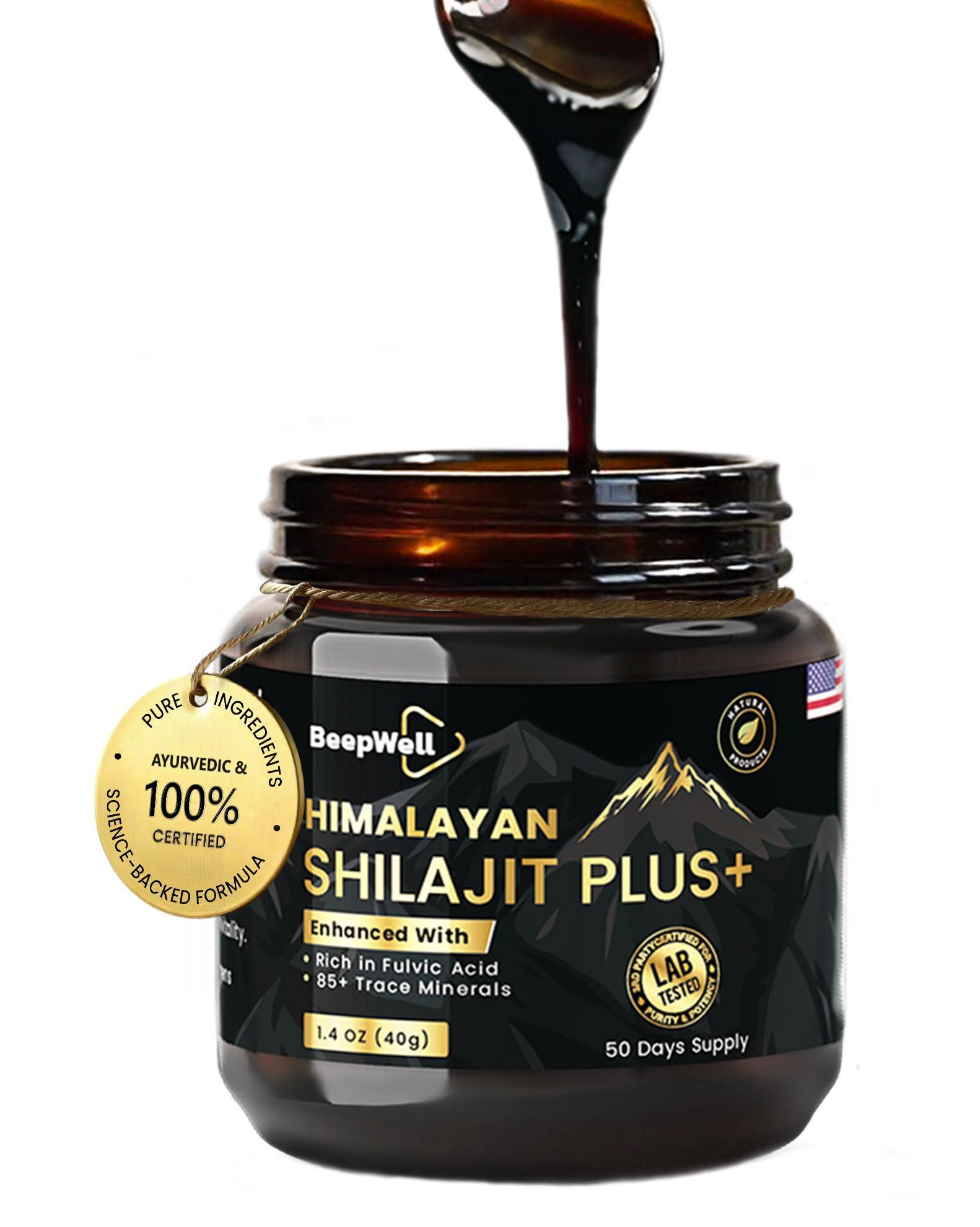 BeepWell BeepWell Shilajit Resin Himalayan Pure Natural Ashwagandha Maca Root Black Pepper Authentic Chilajil Men Women Gold Ayurvedic, 72% Fulvic Acid 85+ Trace Minerals, 50 Servings, 40 Grams