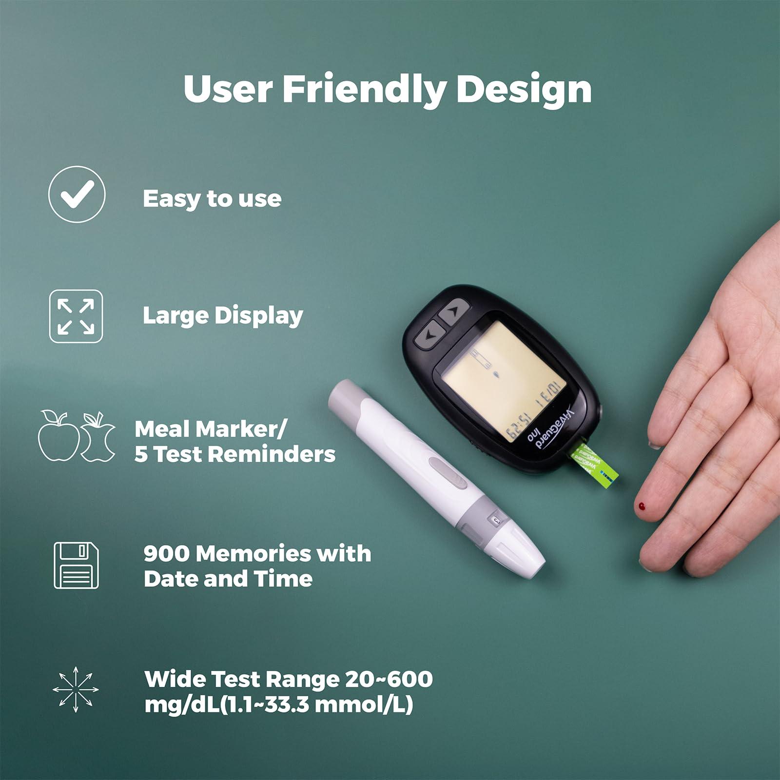 VivaGuard VivaGuard Blood Glucose Monitor - Blood Sugar Test Kit with100 Test Strips,100 Lancets (30G),1 Lancing Device and 1 Glucometer - No Coding, Large Display