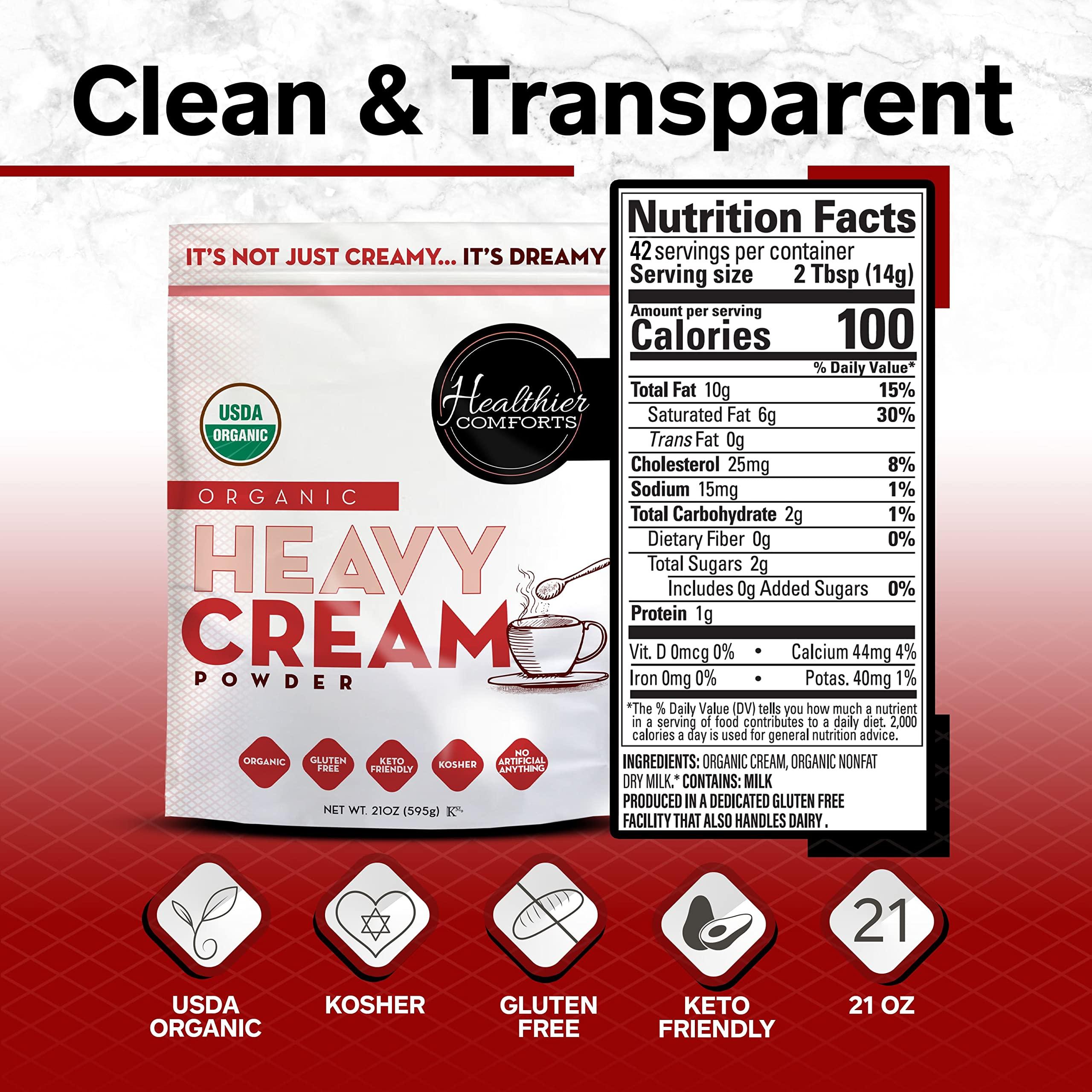 Healthier Comforts Healthier Comforts Organic Heavy Cream Powder (72% Butterfat) | USDA Organic | Kosher, Gluten Free, Non-GMO, and Keto Friendly Half and Half Organic Heavy Cream for Pasta | Made in the USA 21 oz.