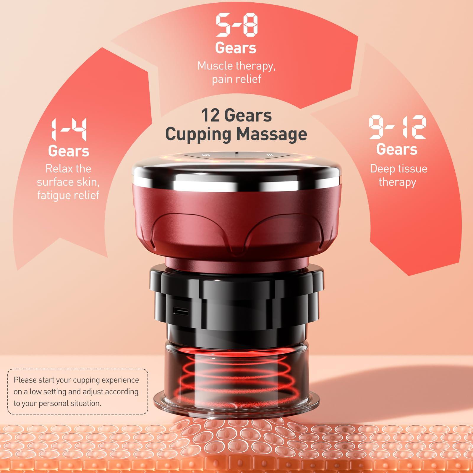 UBALANCE UBALANCE Cupping Kit for Massage Therapy, Cupping Therapy Set 6 Cups, Electric Smart Cupping Machine, 4 in 1 Negative Pressure Massager with 12 Modes for Fatigue Relief, Red