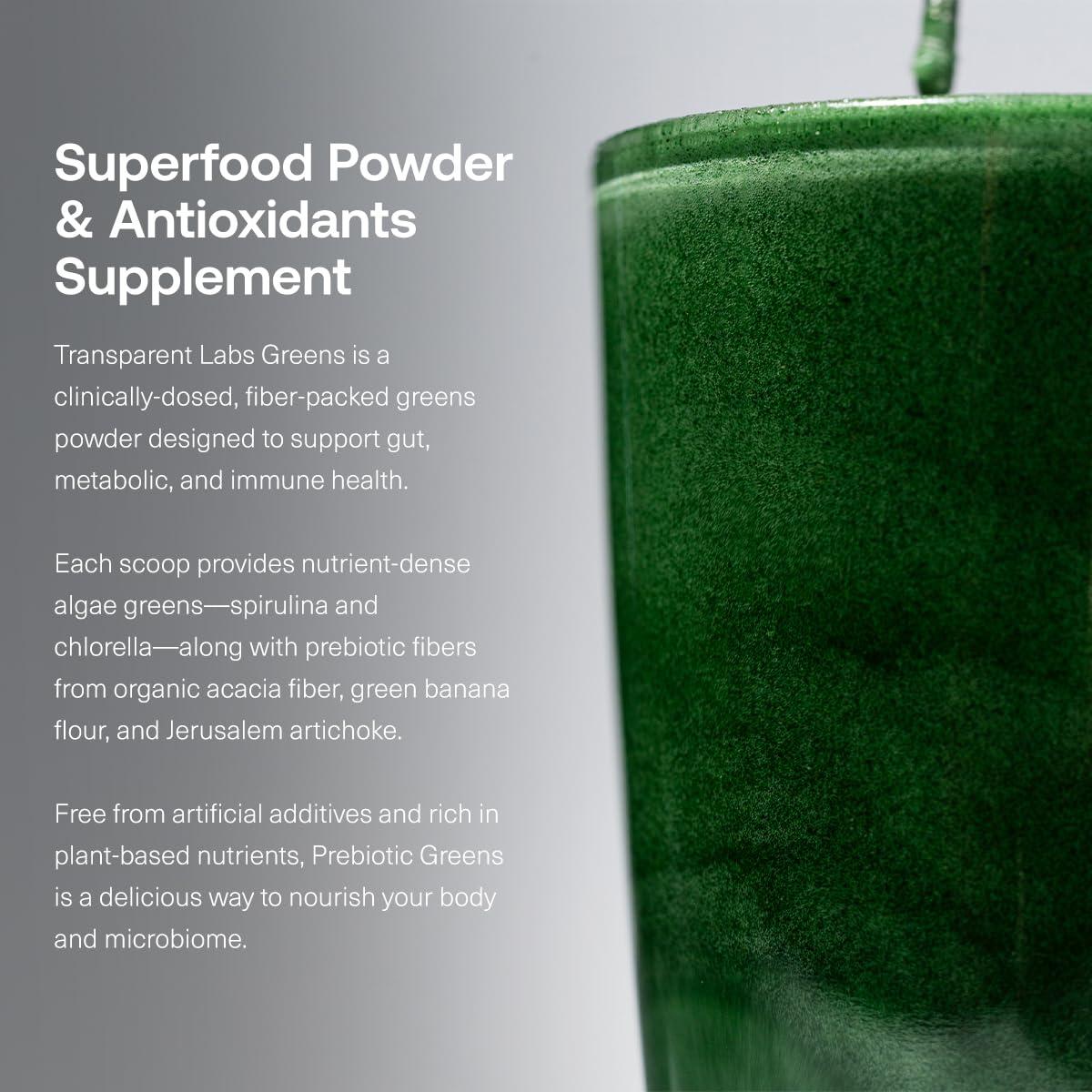 Transparent Labs Transparent Labs Prebiotic Greens - Superfood Powder & Antioxidants Supplement with Organic Spirulina, Chloerra, Acacia Powder, & Green Banana Powder - 30 Servings, Unflavored