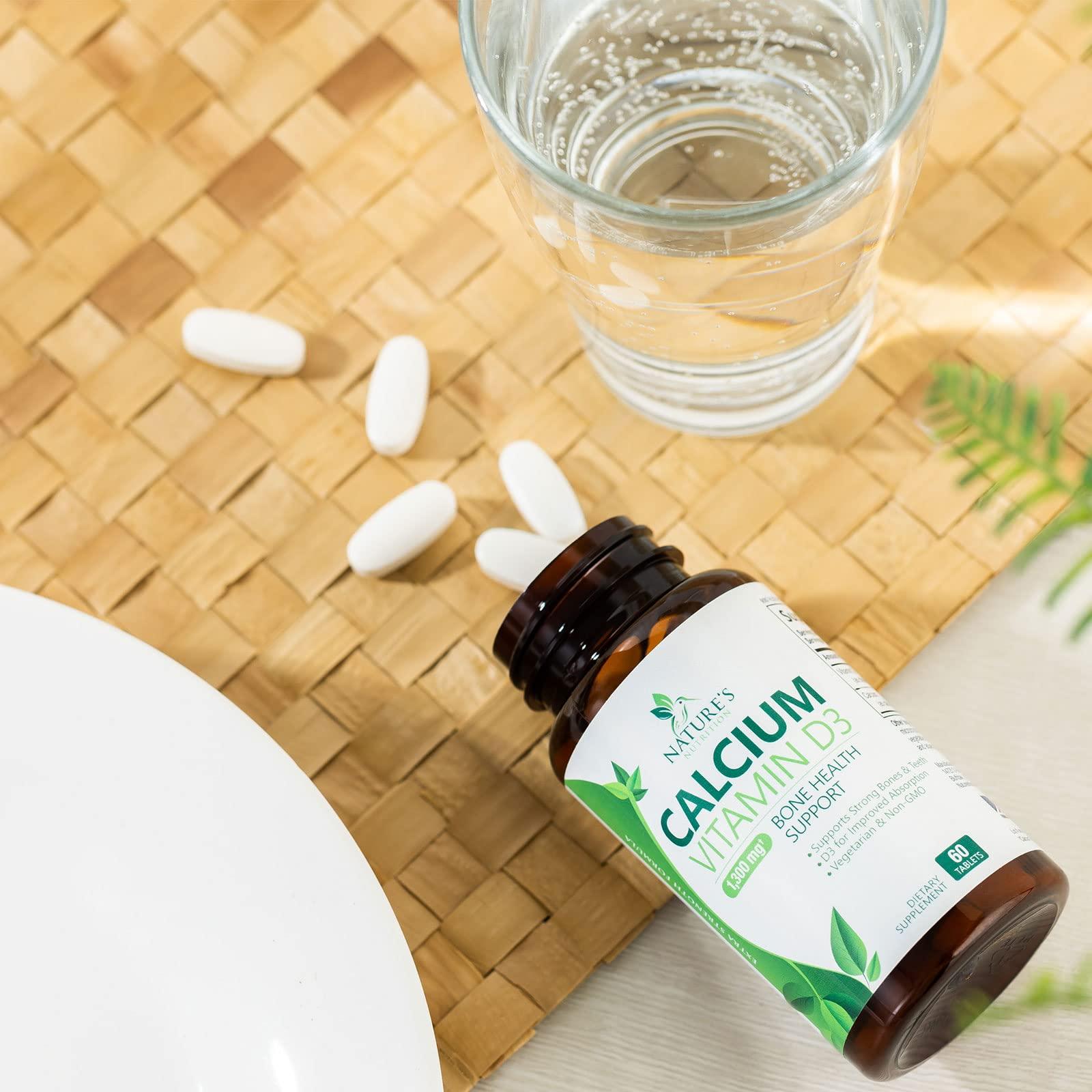 Nature's Nutrition Calcium 1200 mg with Vitamin D3, Calcium Supplement Vitamins, Supports Bone Strength, Teeth & Immune System, Calcium Supplements for Women & Men, Nature\'s Absorbable Calcium Carbonate - 60 Tablets