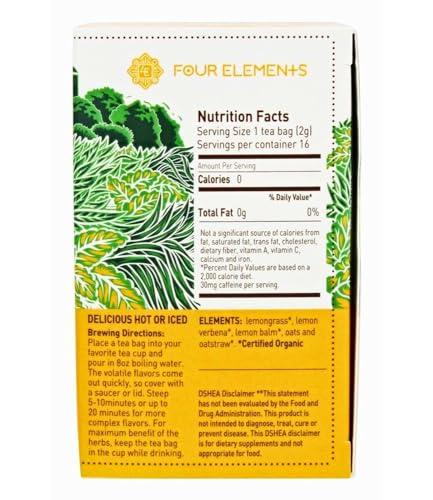 Four Elements Four Elements 4E Triple Lemon Tea, Blended with Lemongrass, Lemon Balm and Lemon Verbena, 100% Organic Herbal Tea, 16 Teabags, 1.2 OZ