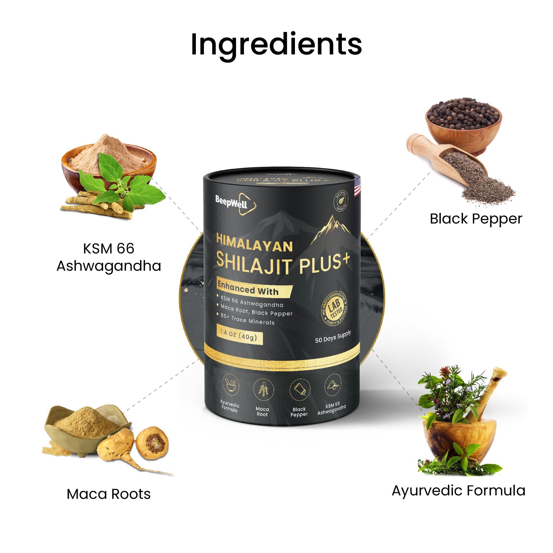 BeepWell BeepWell Shilajit Resin Himalayan Pure Natural Ashwagandha Maca Root Black Pepper Authentic Chilajil Men Women Gold Ayurvedic, 72% Fulvic Acid 85+ Trace Minerals, 50 Servings, 40 Grams