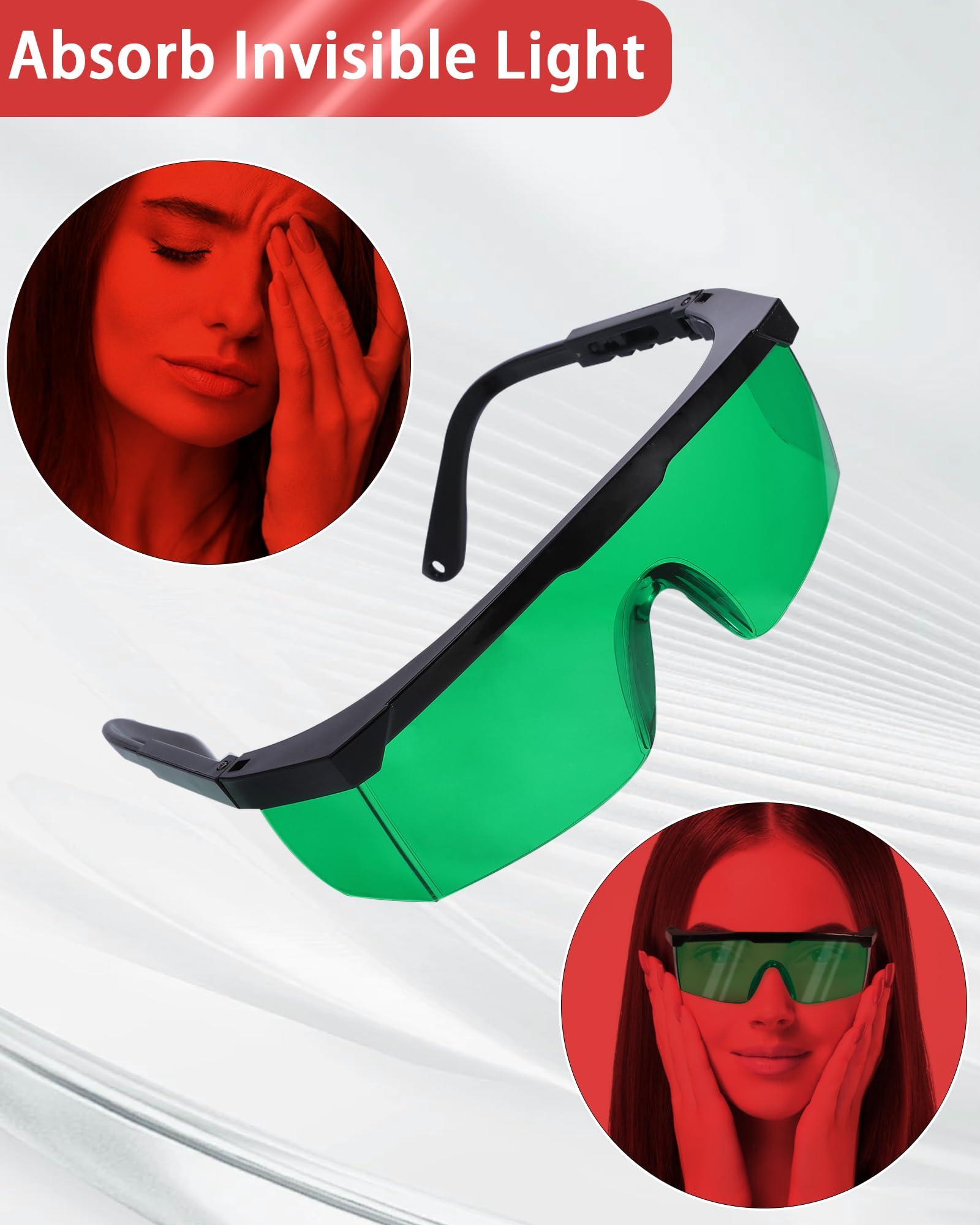 LIGHTMEUP Red Light Therapy Glasses, See-Through Eye Protection for Red Infrared 200-2000nm Full-Coverage Design Adjustable Fit Transparent Green Lenses for Phone & TV Use During Therapy Sessions Pack of 2