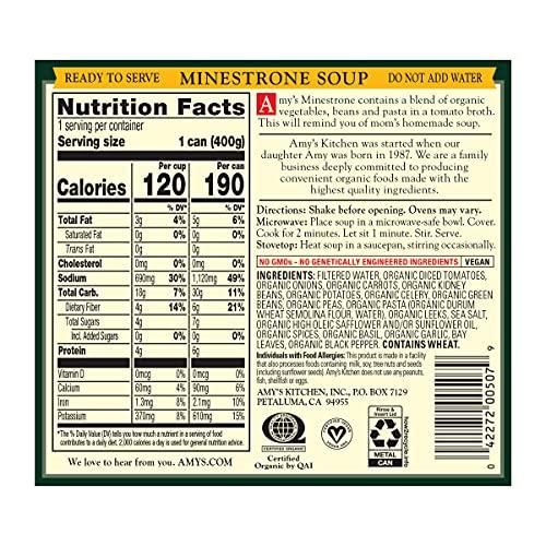 Amy\'s Amys Soup, Vegan Minestrone, Low Fat, Made With Organic Vegetables, Beans and Pasta in Tomato Broth, Canned Soup, 14.1 Oz