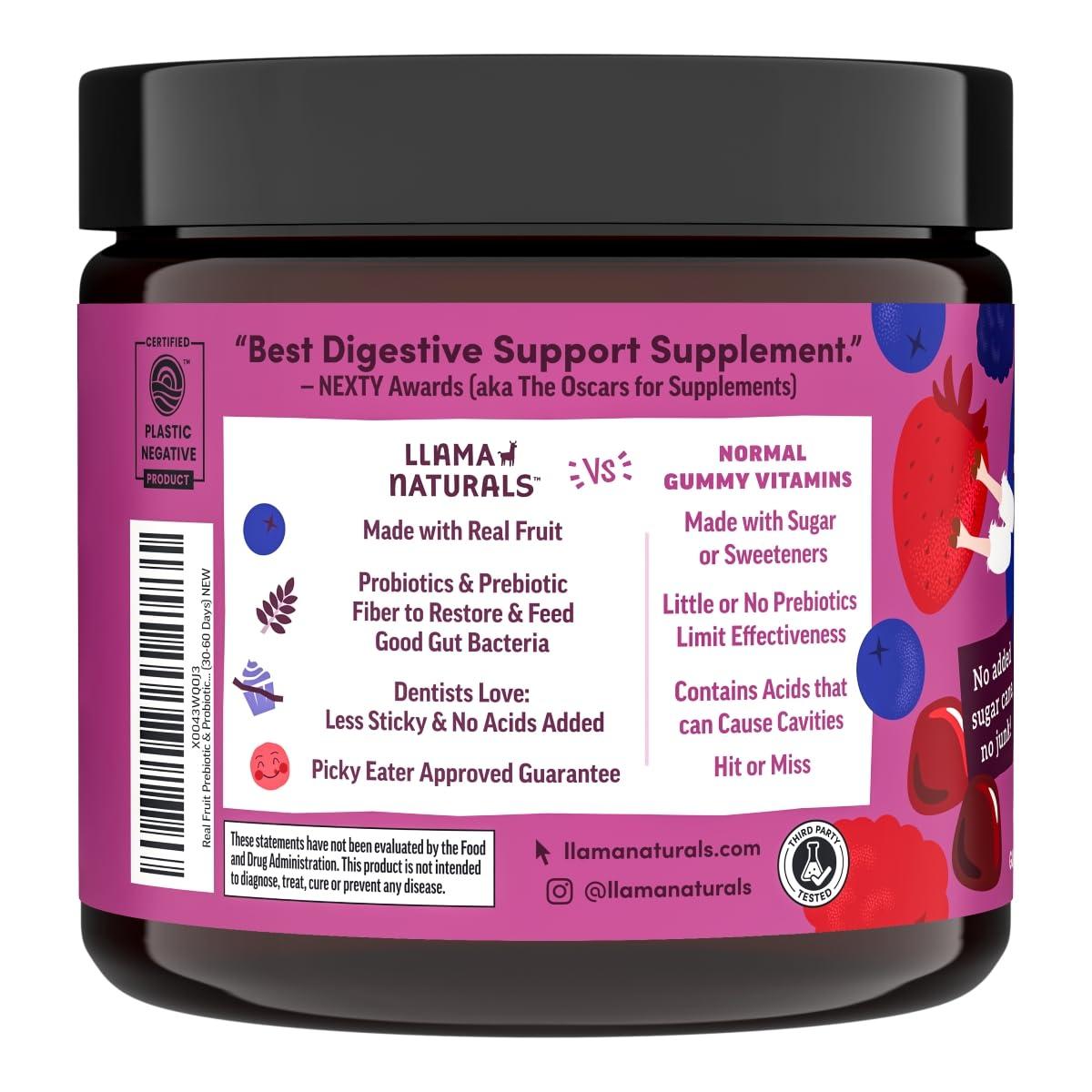 Llama Naturals Llama Naturals Real Fruit Prebiotic & Probiotic Kids Gummies, No Added Sugar Cane, Children Digestion, Toddler Tummy Aches, Gut Health, 2B CFU, Mixed Berry, 60 ct (30-60 Days)