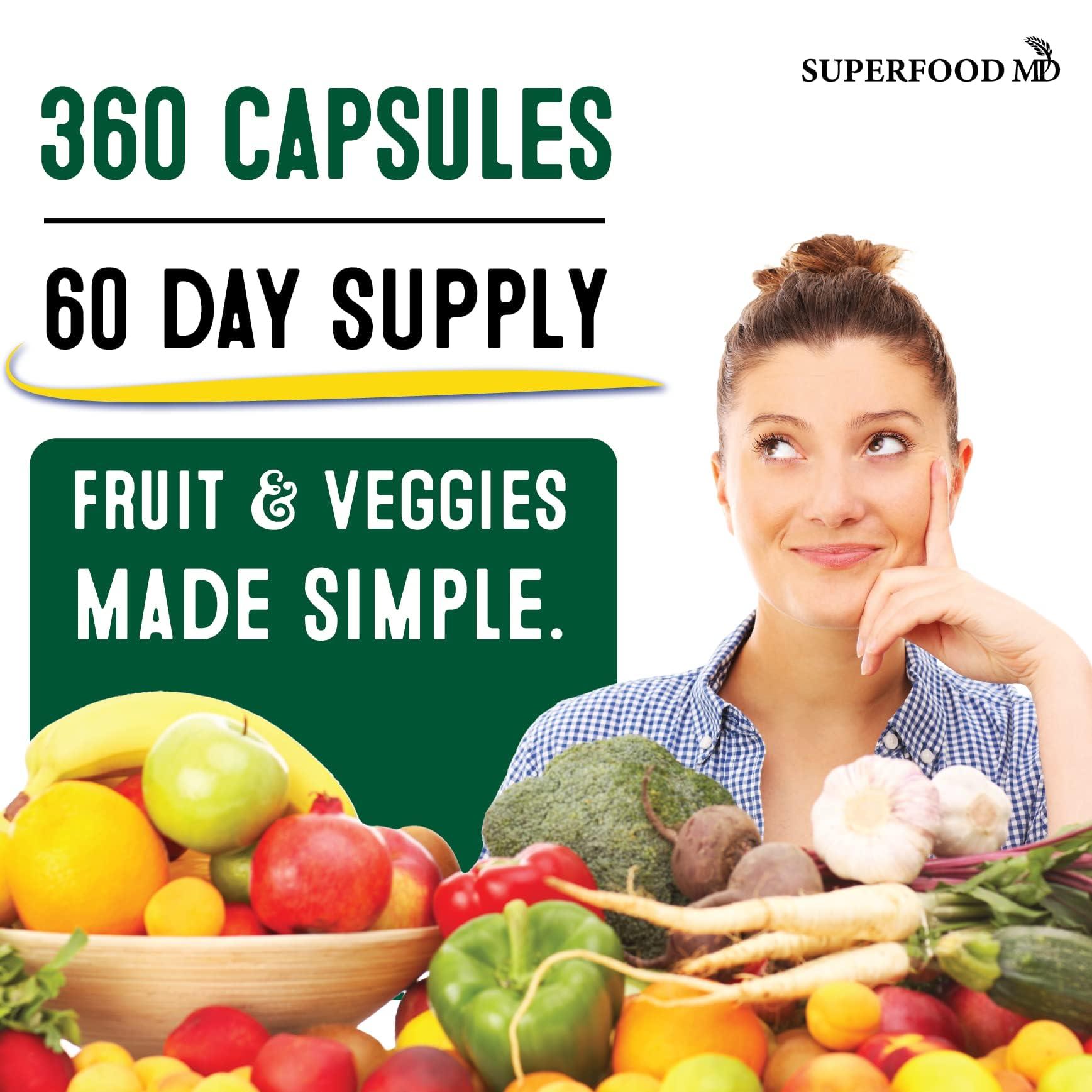 Superfood MD Superfood Fruit and Veggie Supplement - 360 Whole Super Fruit and Vegetable Supplements & Vitamin, Natural Energy Levels, with Olive Leaf Soy Free- 180 Count (Pack of 2)