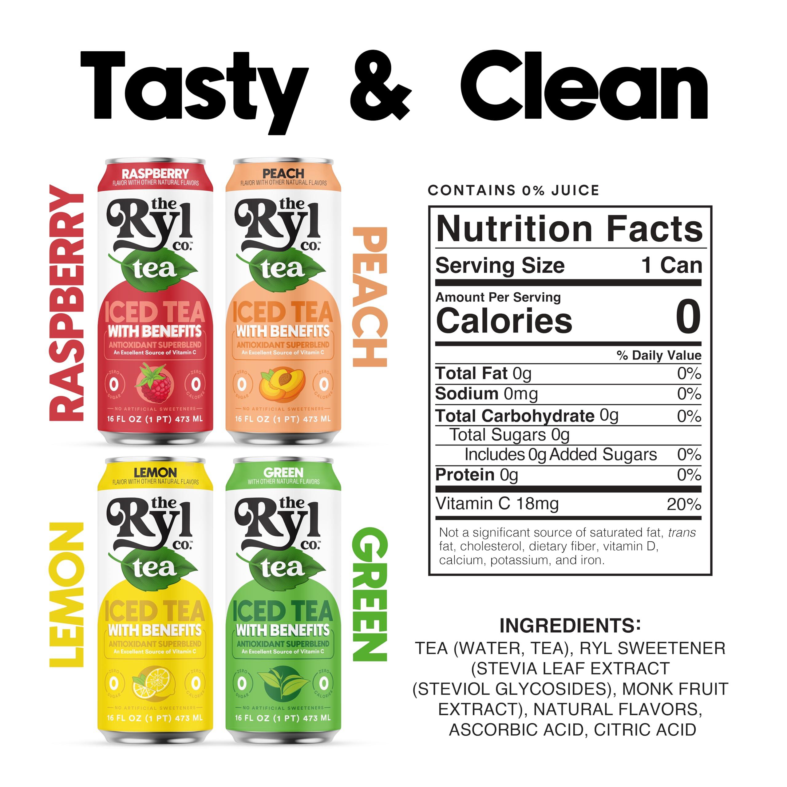 The Ryl Co Ryl Iced Tea, Variety Pack, Antioxidant Superblend, Zero Sugar, Low Carb, Zero Calorie Iced Tea, 16.0 Fl Oz (12-Pack)