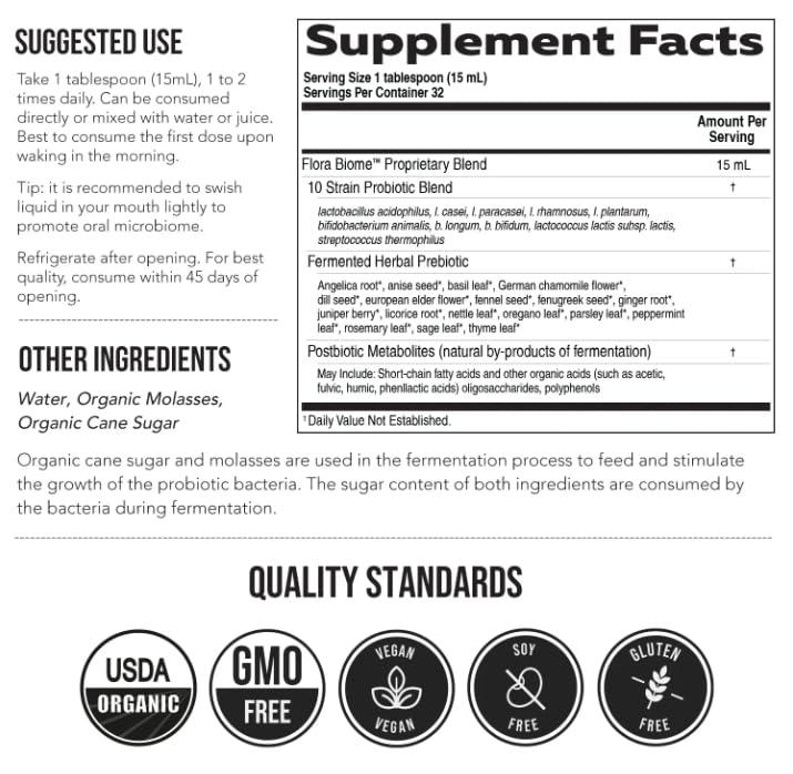 Triquetra Health Flora Biome - Live Probiotic, Prebiotic, & Postbiotic Organic Live-Culture 10 Probiotic Strains, 18 Fermented Herbs - Complete Gut Health & Microbiome Optimizer (16 oz)