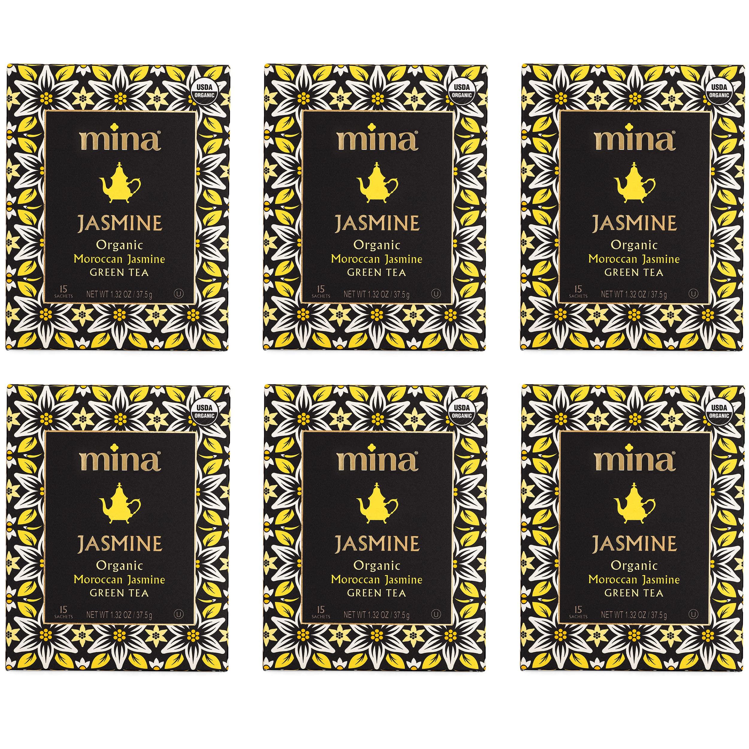 Mina Mina Organic Moroccan Jasmine Green Tea, 15 Biodegradable Sachets (Pack of 6), Jasmine Scented Green Tea Bags with Enchanting Floral Essence, Refreshing Aroma, Enjoy Hot or Iced
