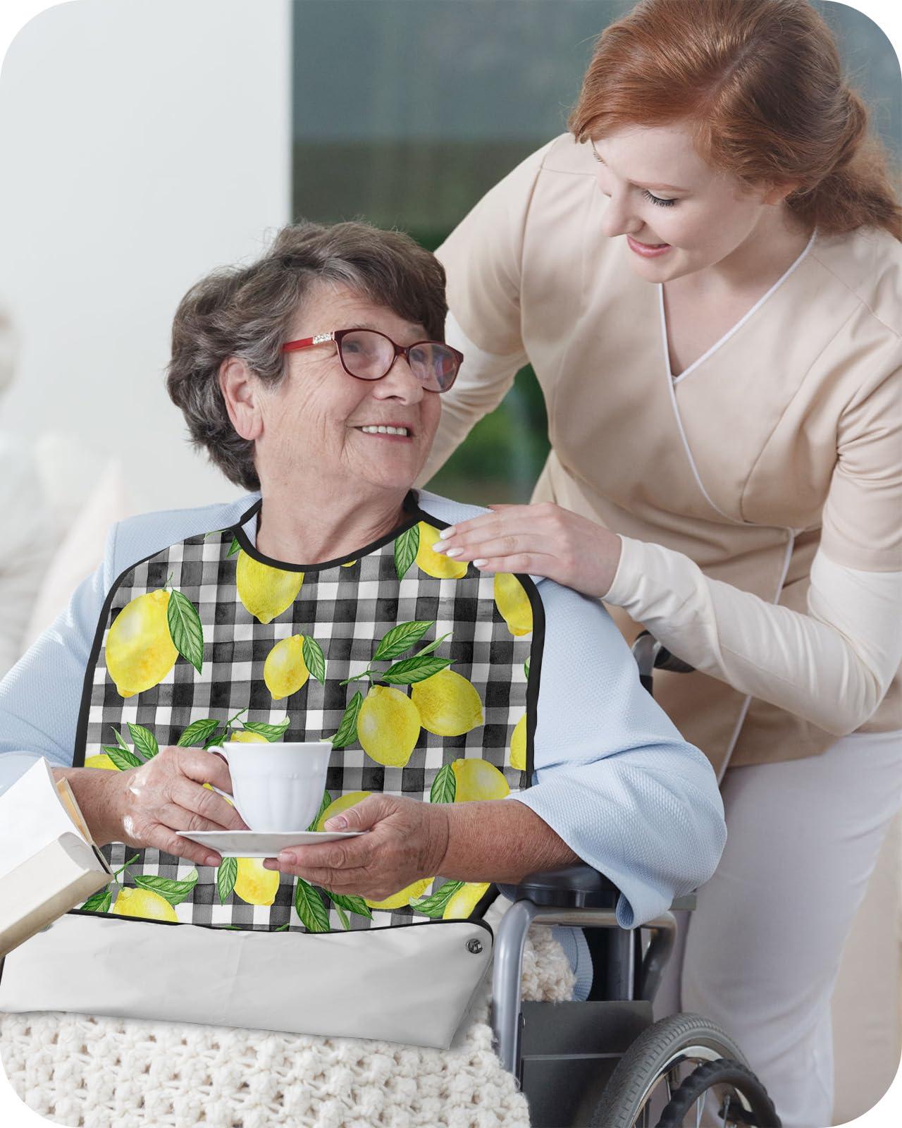 Sabolny Black White Buffalo Plaid Check Adult Bib for Eating with Crumb Catcher,Washable & Waterproof Terry Cloth Adjustable Elderly Women Men Adult Bibs Funny Clothing Protector Summer Lemon Yellow Green